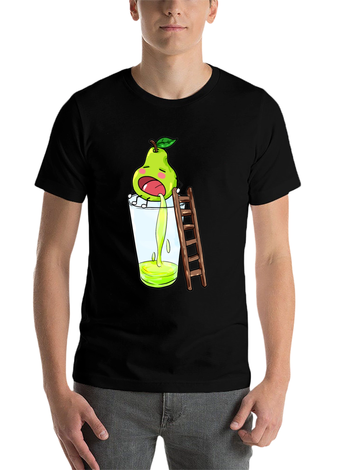 Black Funny Pear Juice Cartoon Black T-Shirt view 7