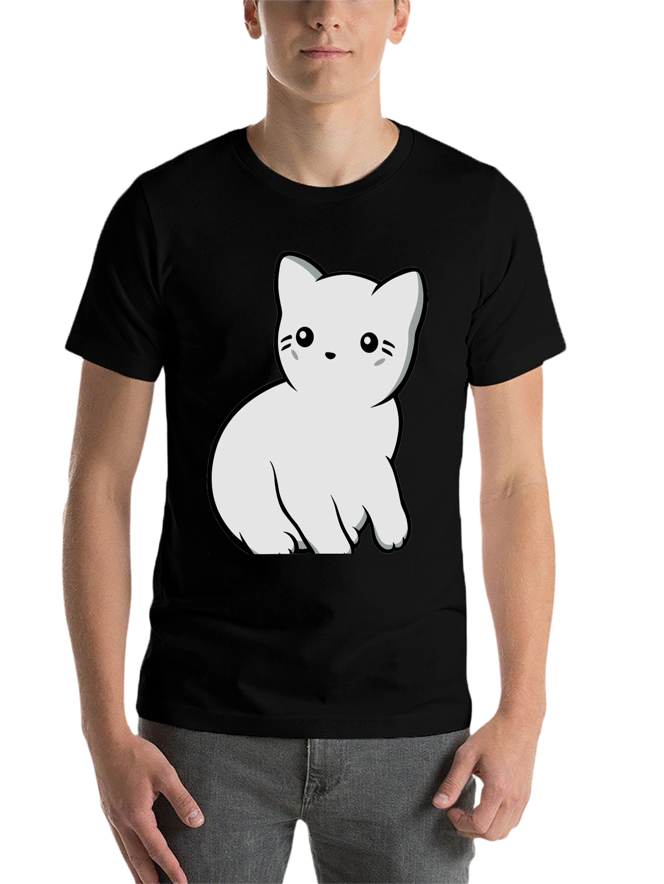 Black Cute Cat Graphic T-Shirt - Black Cotton Blend Tee view 7