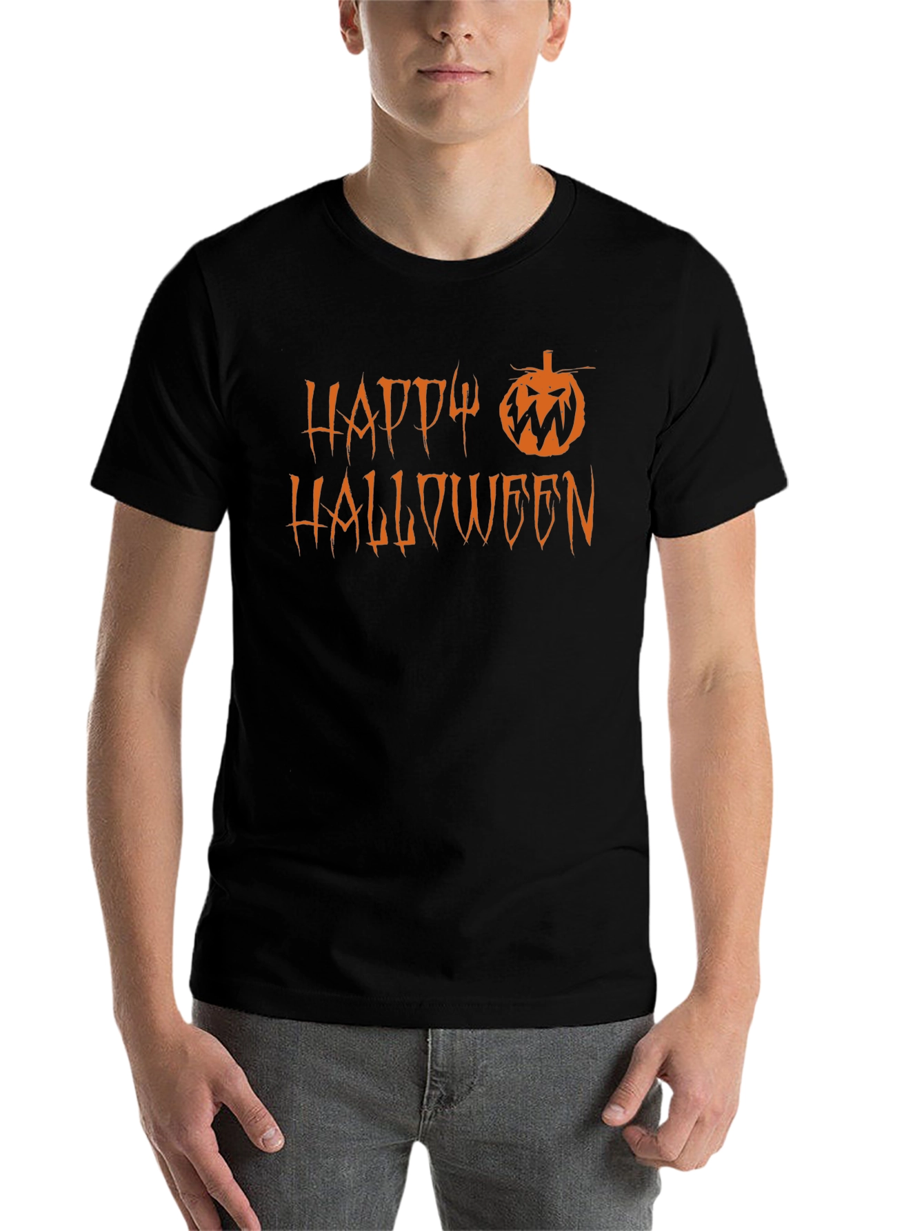 Black Happy Halloween T-Shirt - Pumpkin Design - Black Cotton Tee view 7