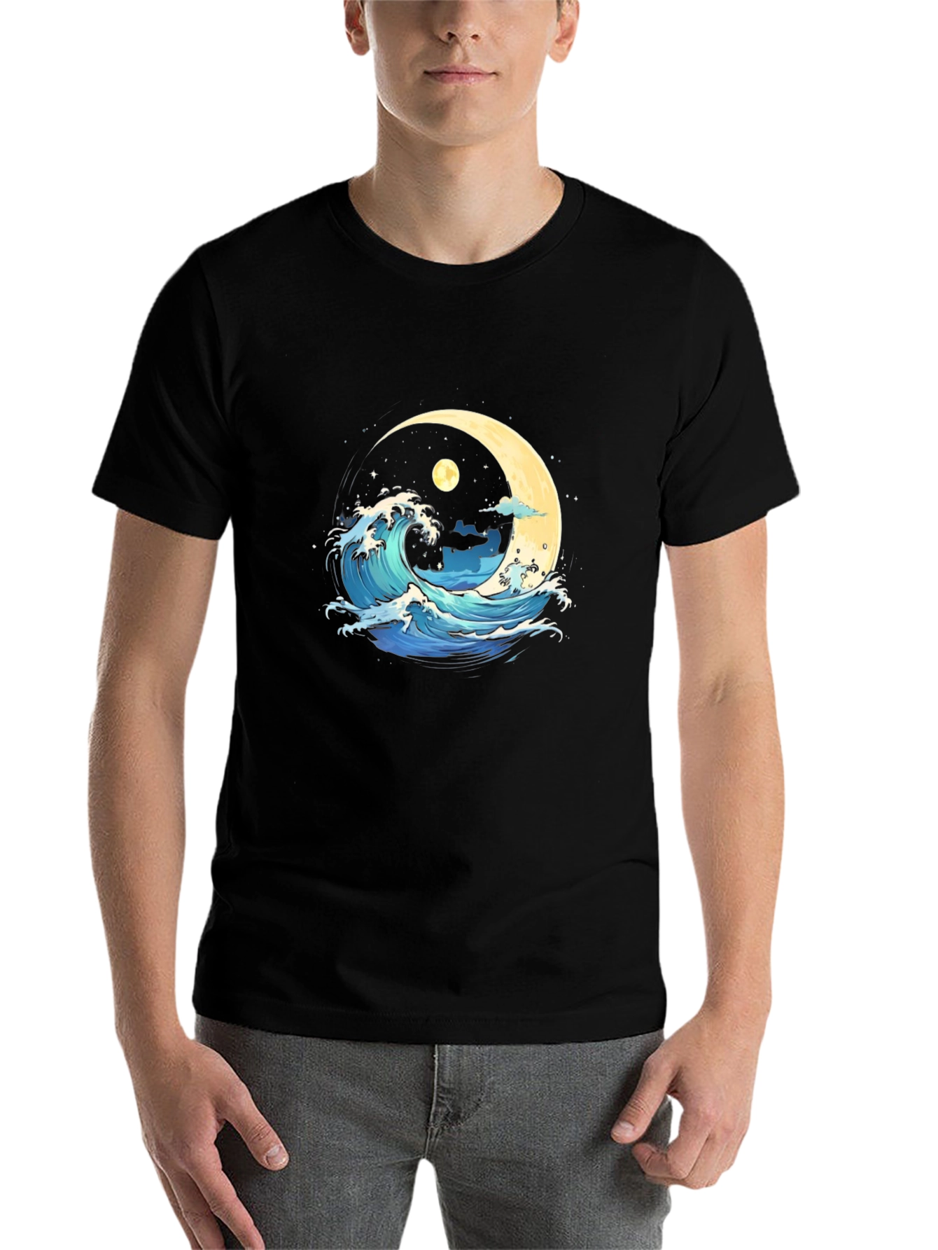 Black Ocean Wave Moon Graphic Black T-Shirt view 7