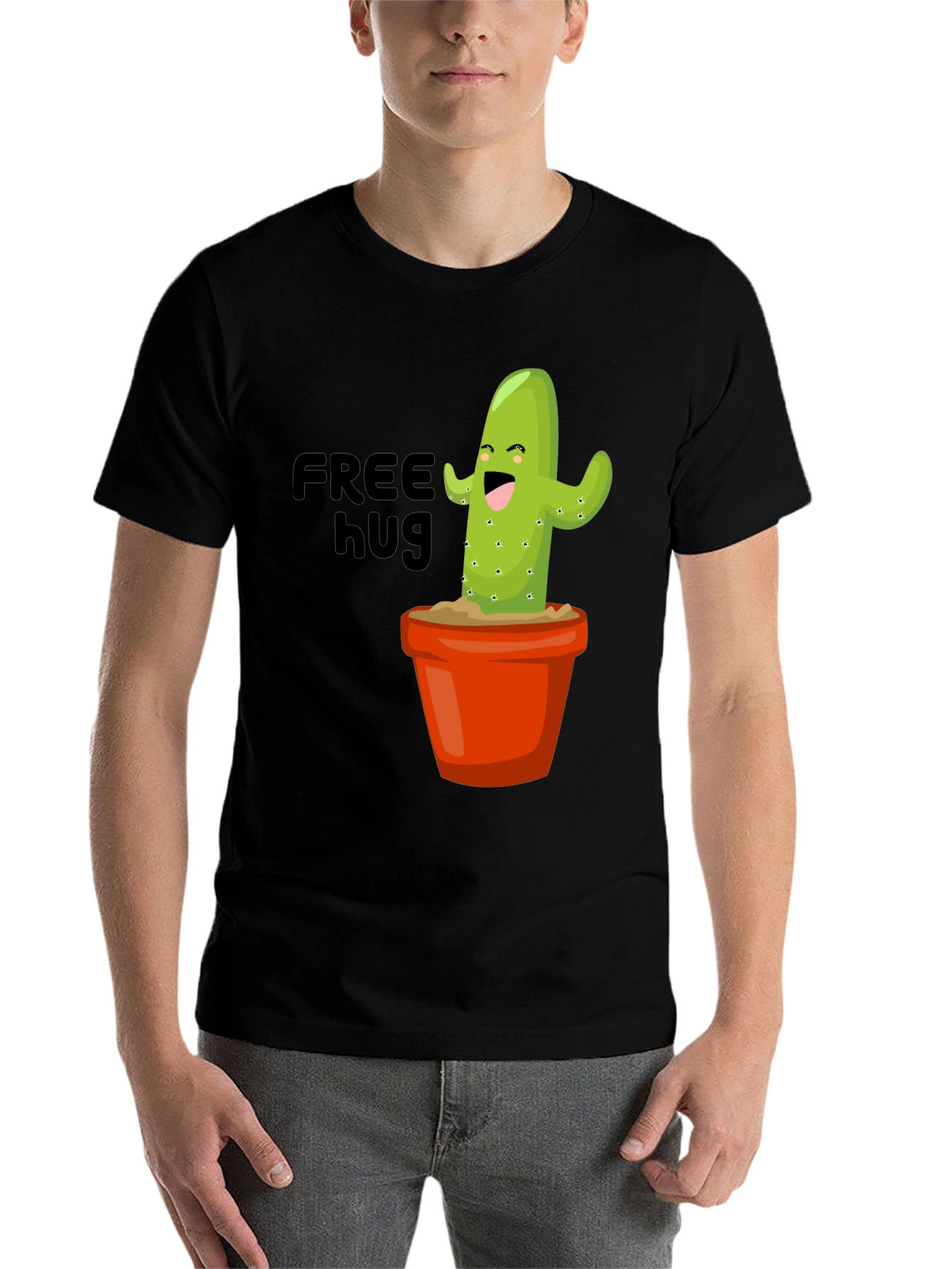 Black Funny Cactus T-Shirt - Free Hugs Graphic Tee view 7