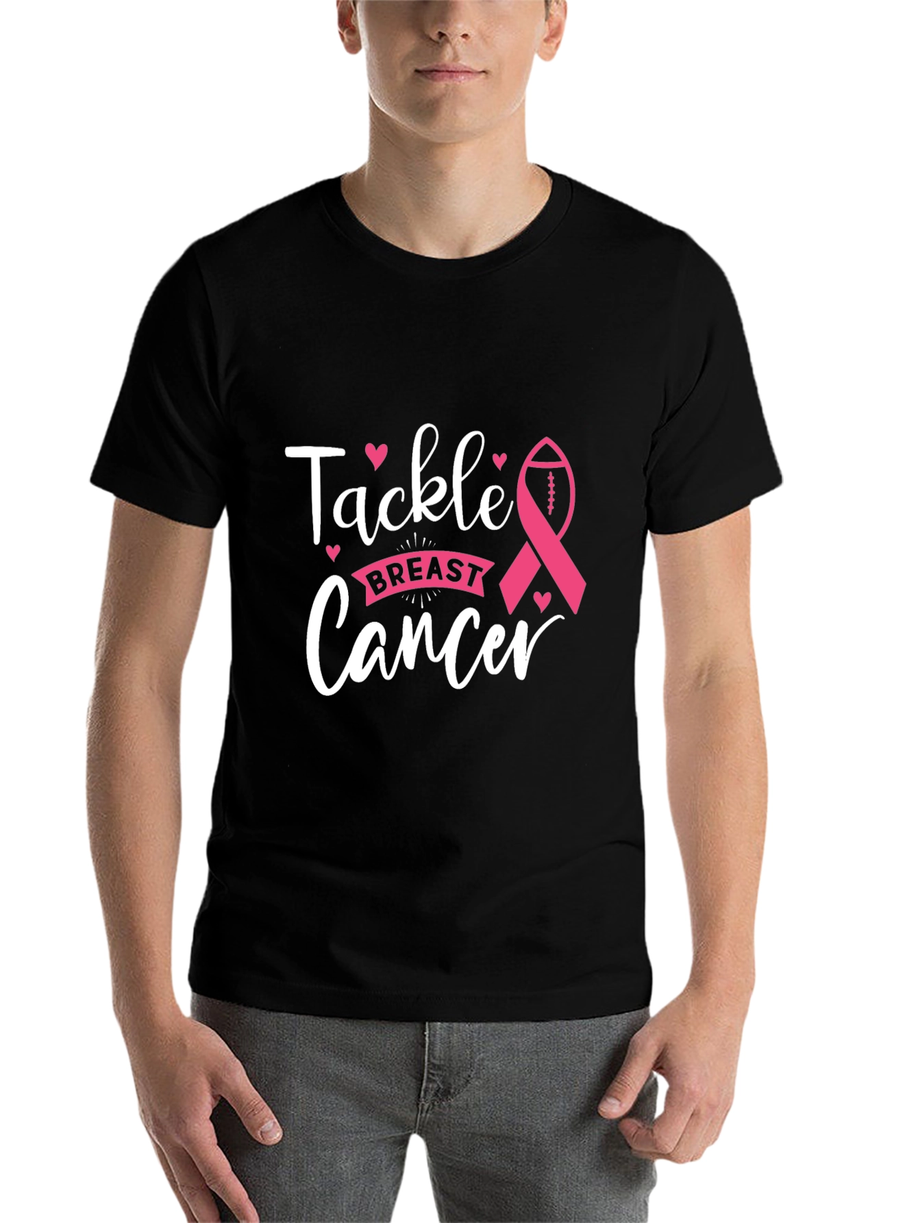 Black Tackle Breast Cancer T-Shirt, Awareness Ribbon Football Tee view 7