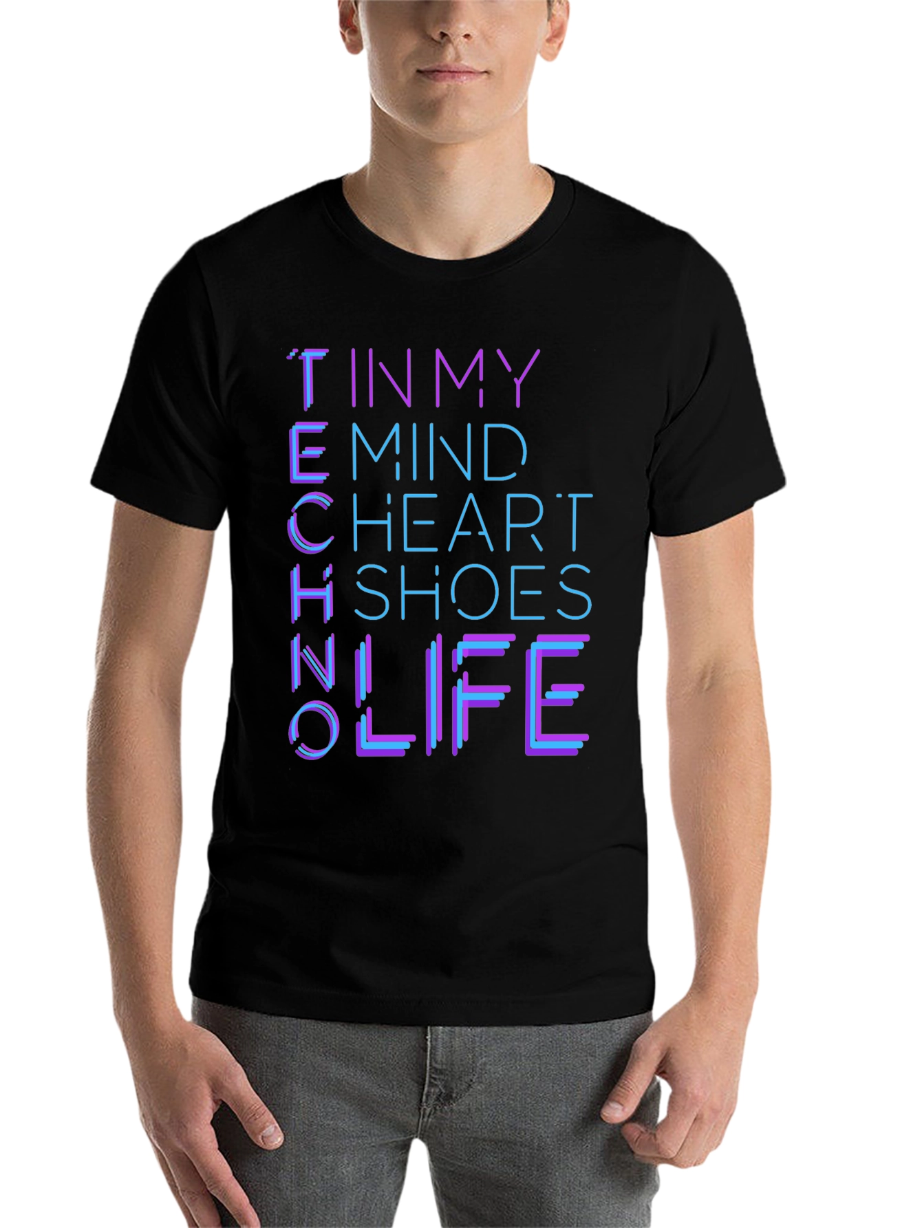 Black Techno Mind Heart Shoes Life Graphic Tee - Black view 7