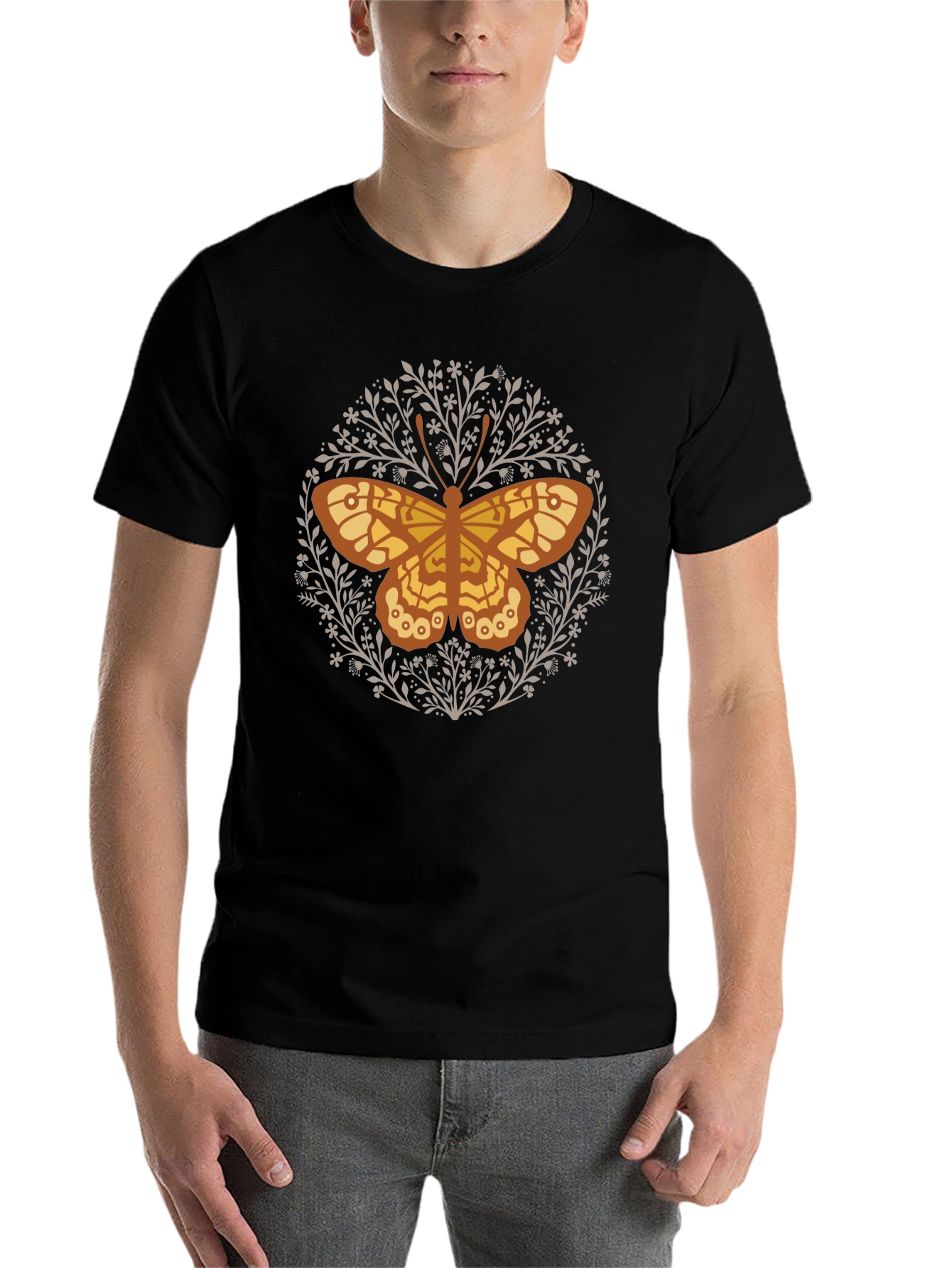 Black Butterfly Floral Graphic Tee - Black Cotton T-Shirt view 7