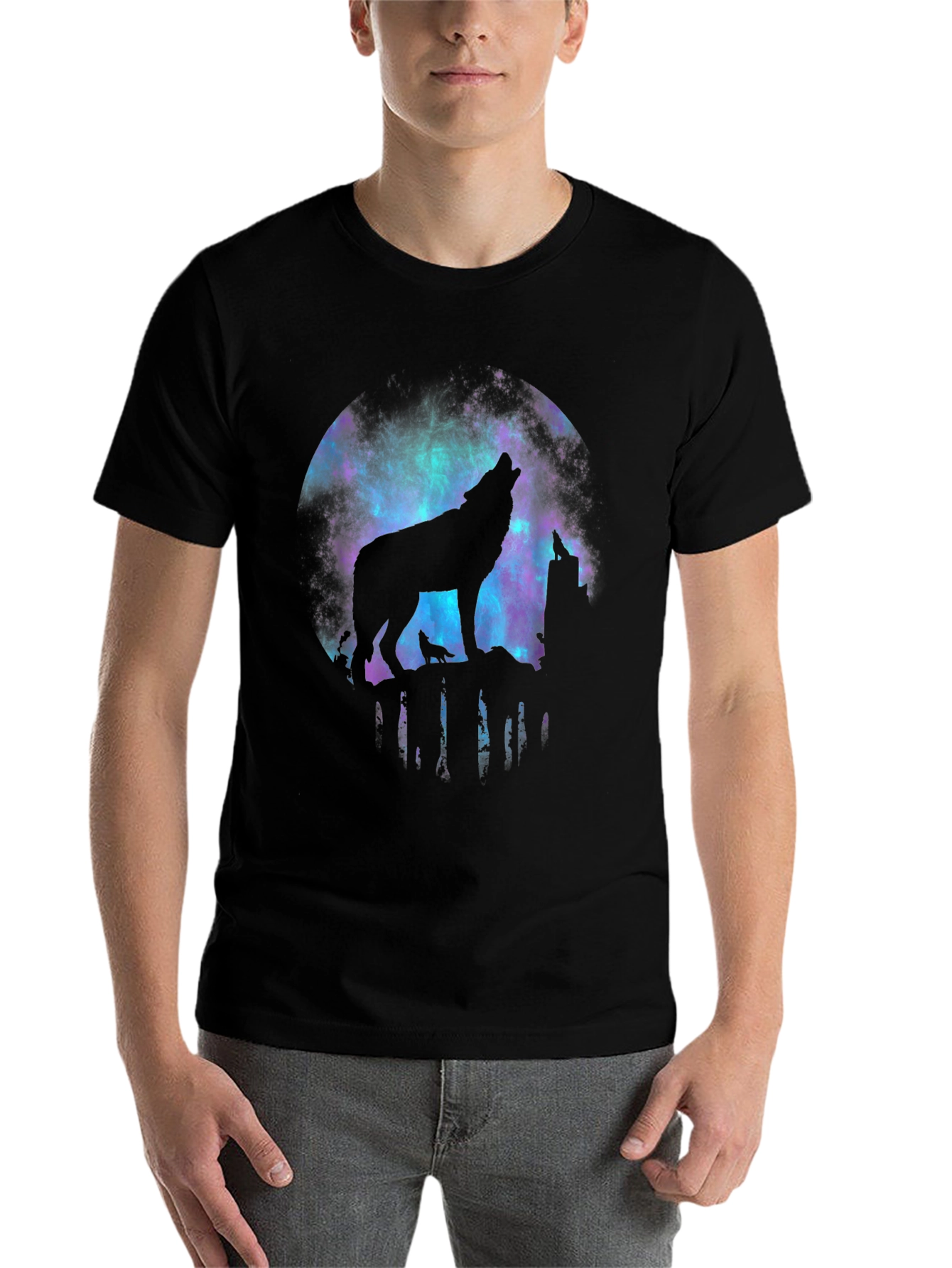 Black Wolf Howling Galaxy Graphic Tee - Black view 7