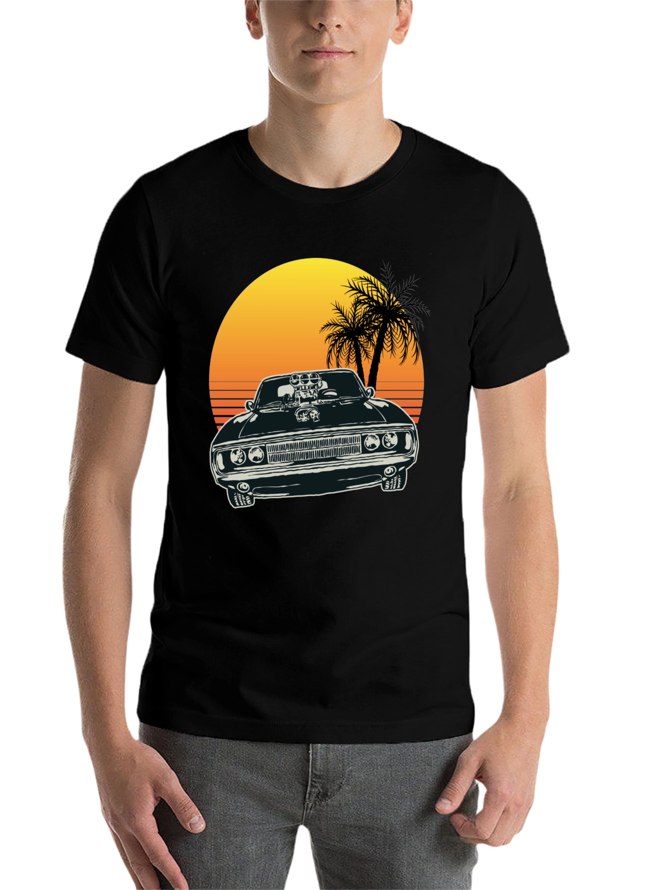 Black Muscle Car Sunset T-Shirt view 7