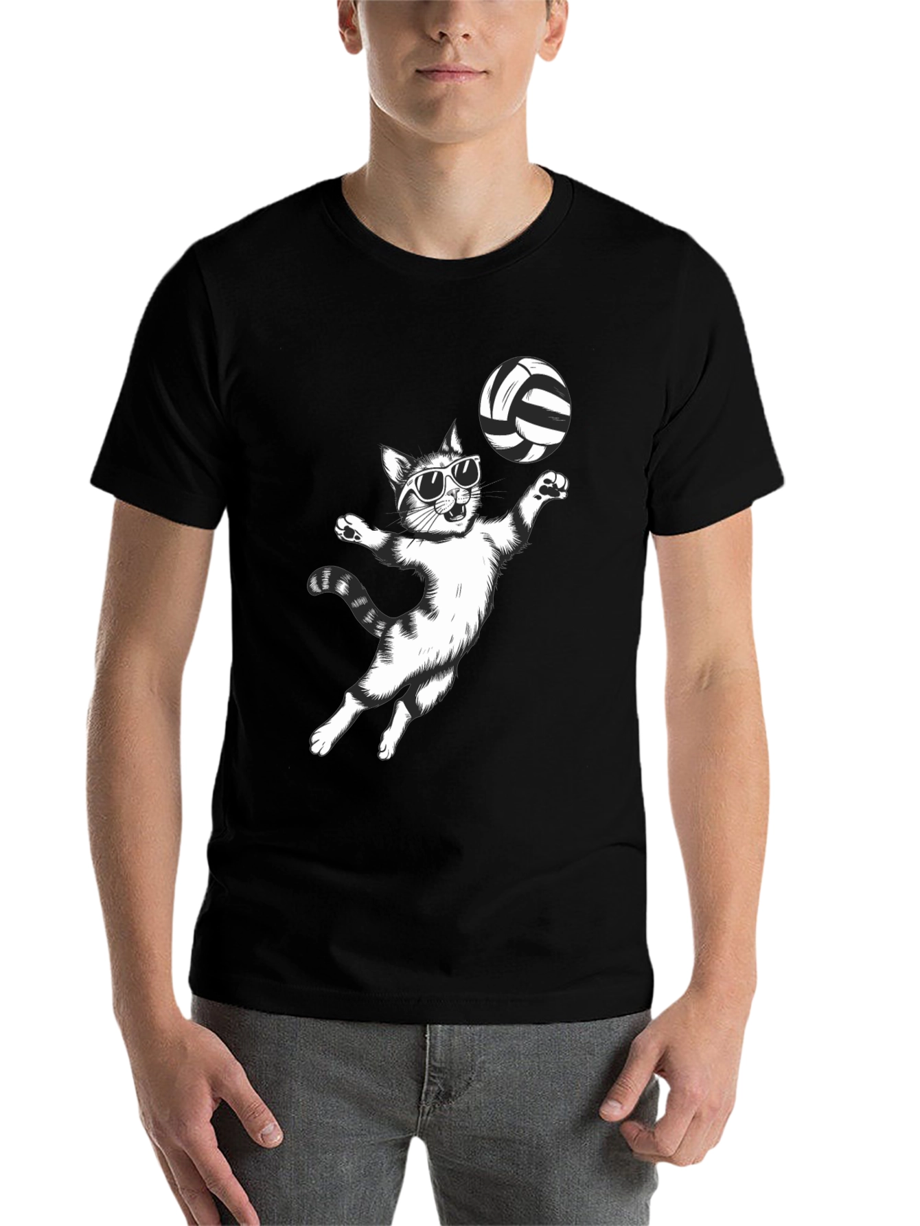 Black Volleyball Cat Graphic Tee - Funny T-Shirt view 7