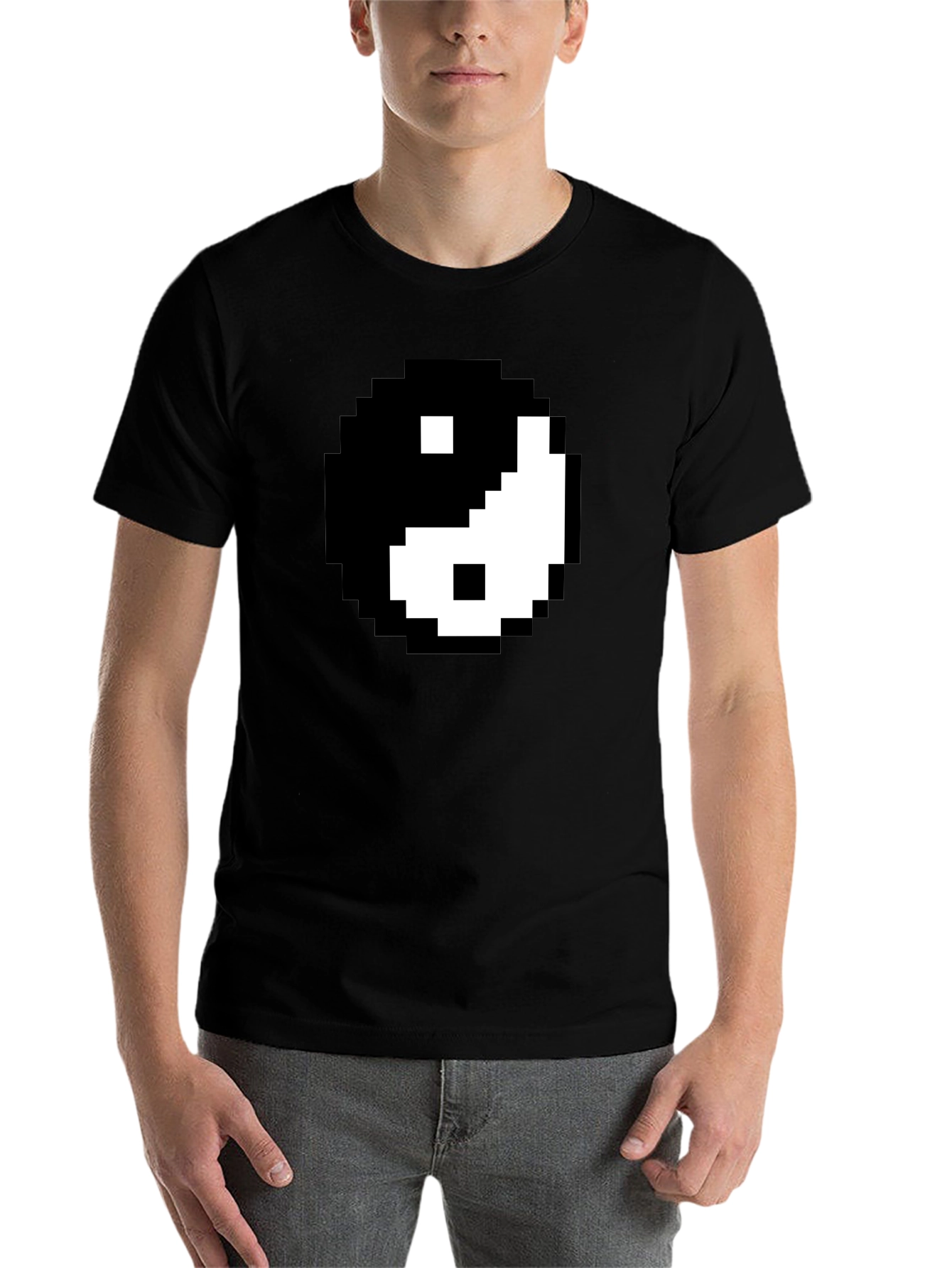 Black Pixel Yin Yang Graphic Tee - Black Cotton Blend Shirt view 7
