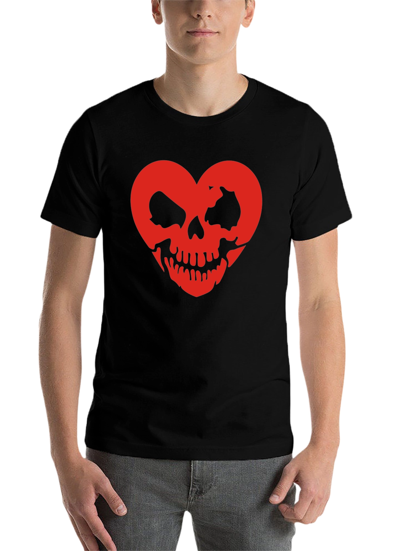 Black Skull Heart Graphic Tee - Black Cotton T-Shirt view 7