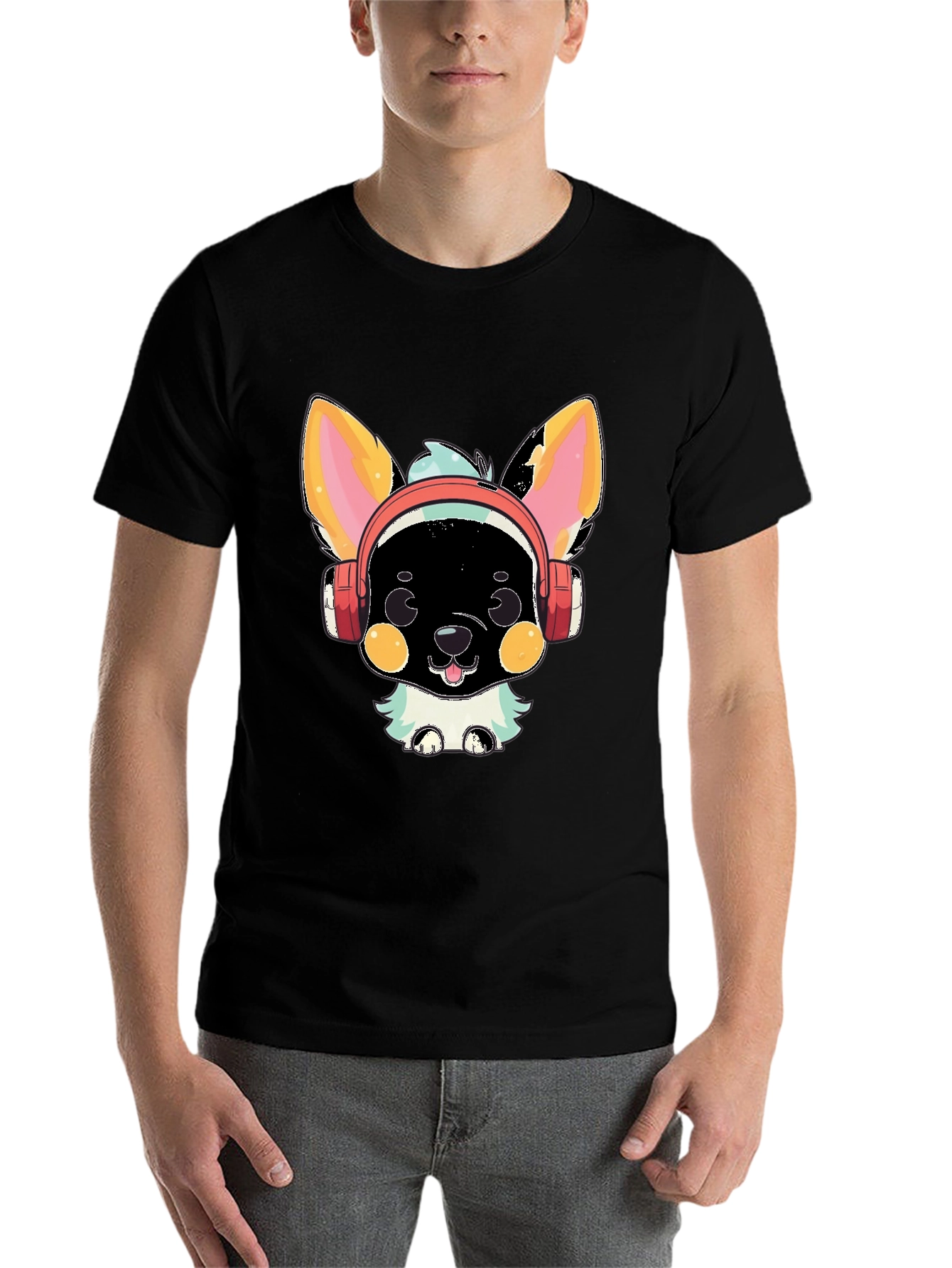 Black Cute Cartoon Animal with Headphones Graphic T-Shirt view 7
