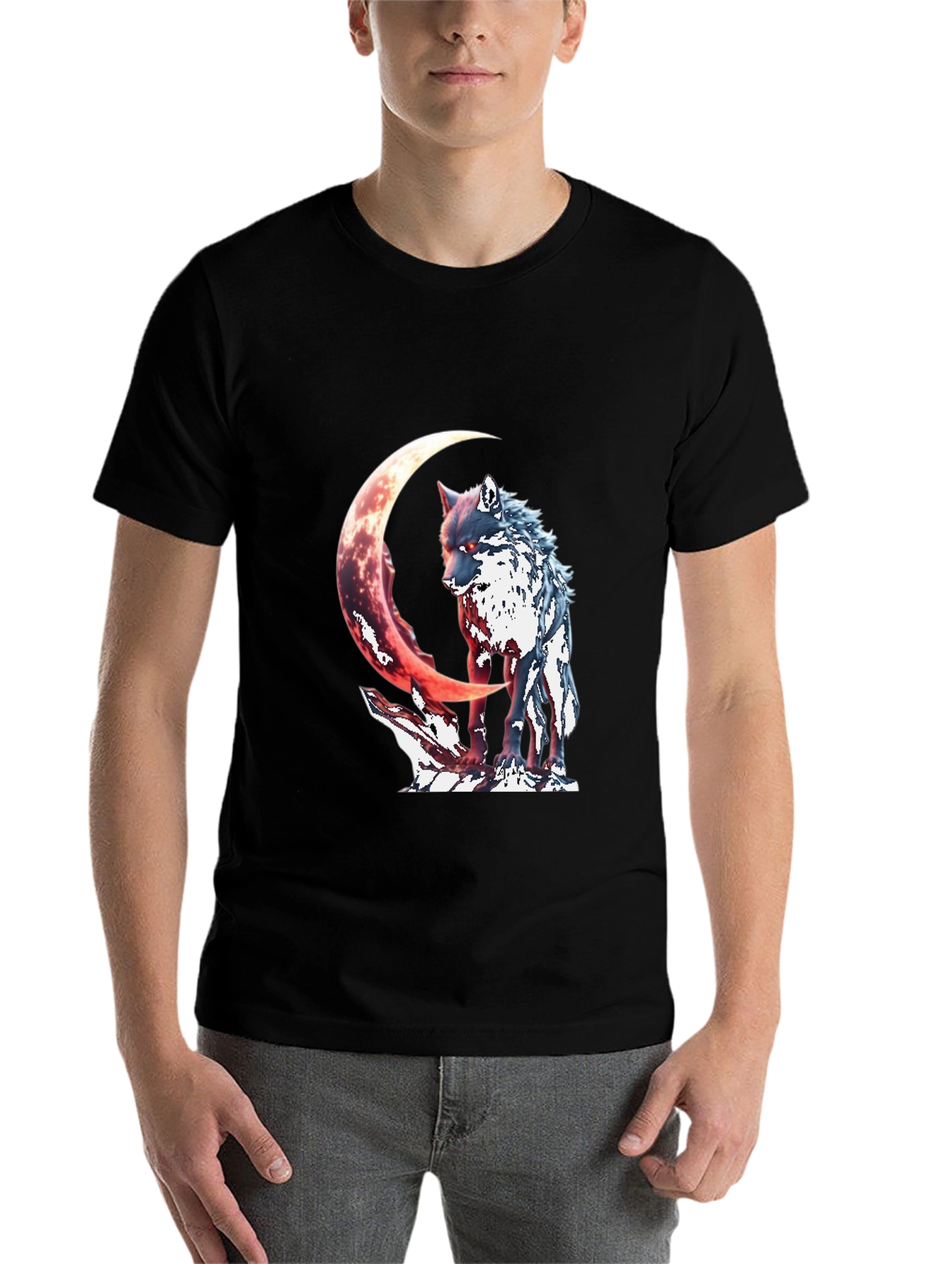 Black Wolf & Crescent Moon Graphic T-Shirt view 7