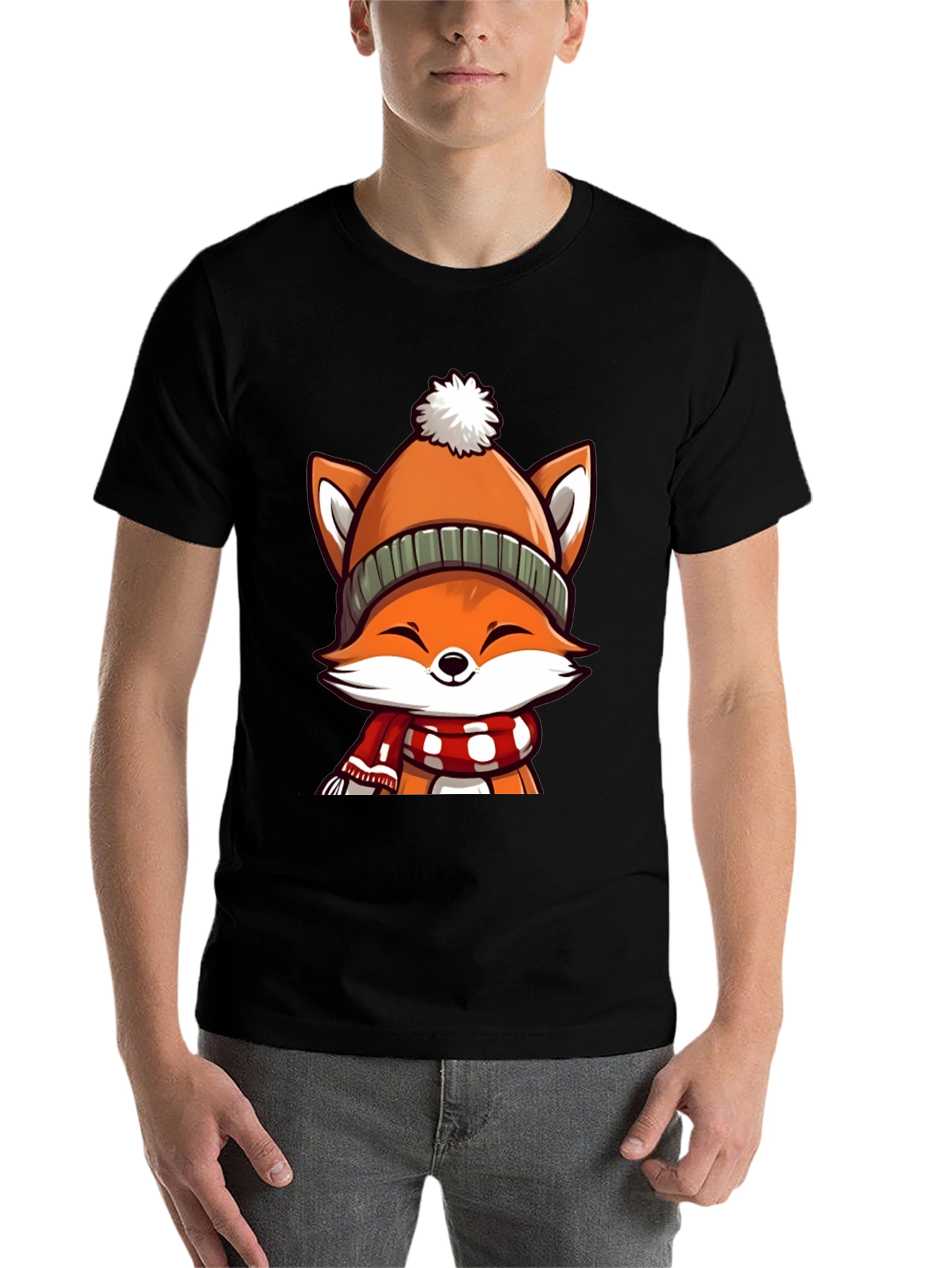 Black Winter Fox Graphic Tee - Cute Cartoon Animal Shirt view 7