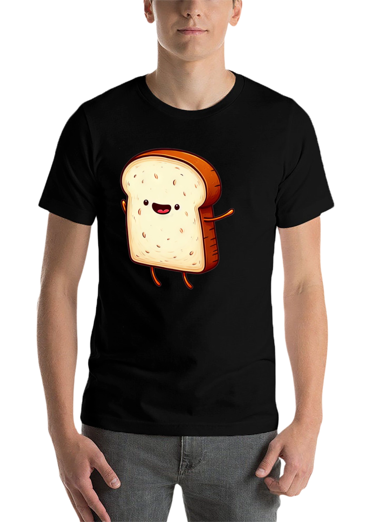 Black Funny Cartoon Toast Graphic Tee - Black T-Shirt view 7