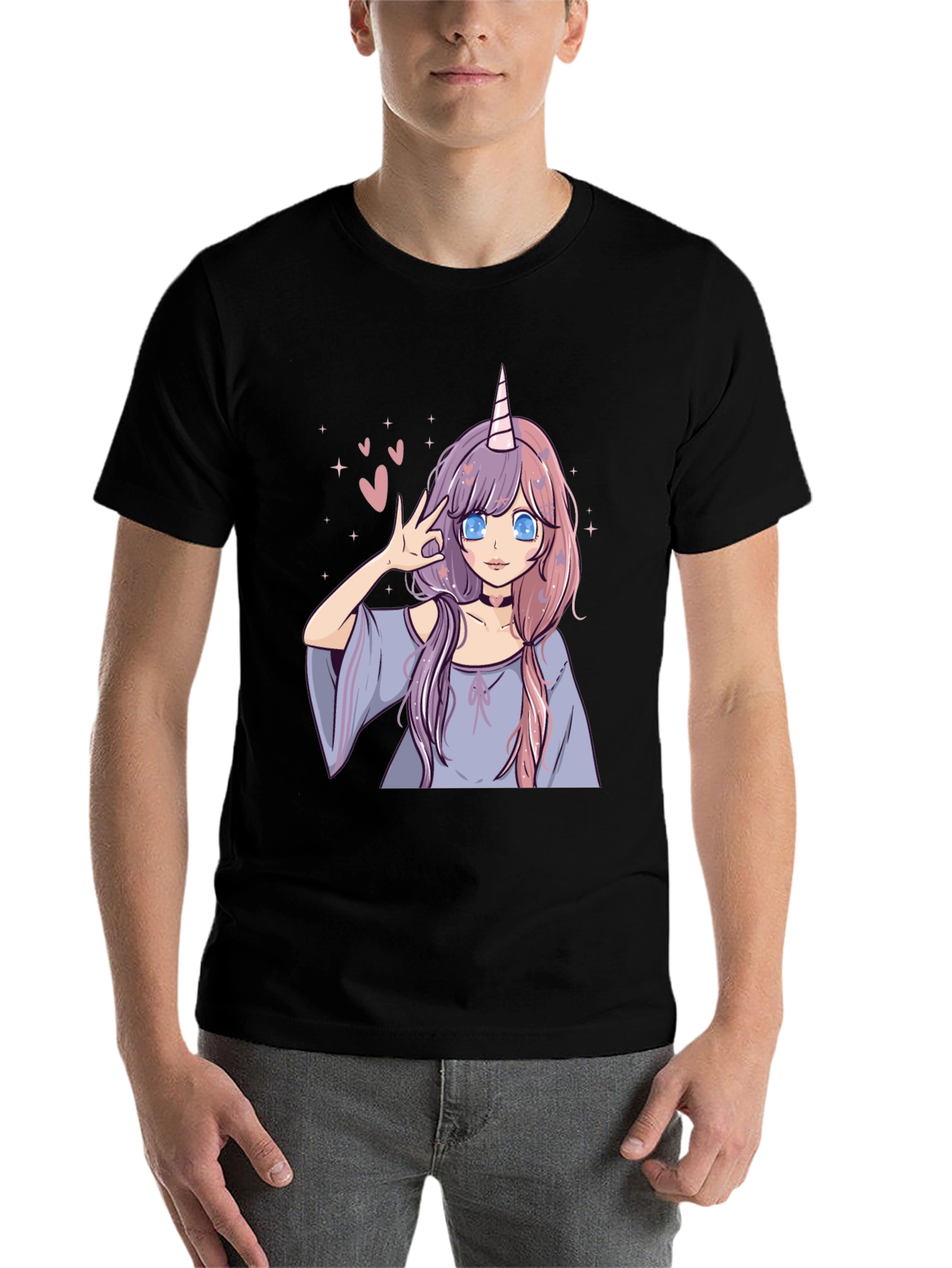 Black Anime Unicorn Girl Graphic Tee - Black Casual T-Shirt view 7