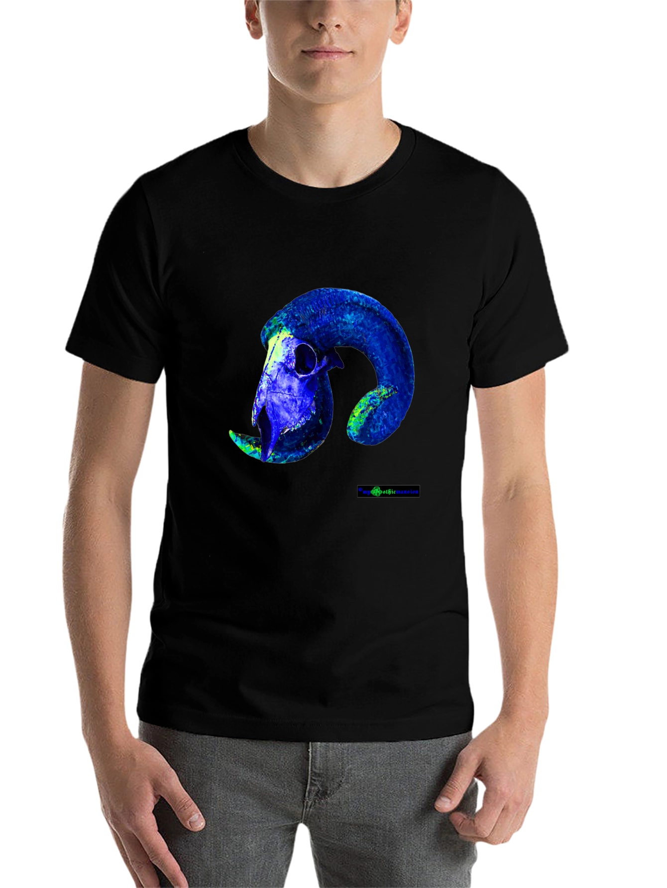 Black Ram Skull Graphic Tee - Bold Blue Design view 7