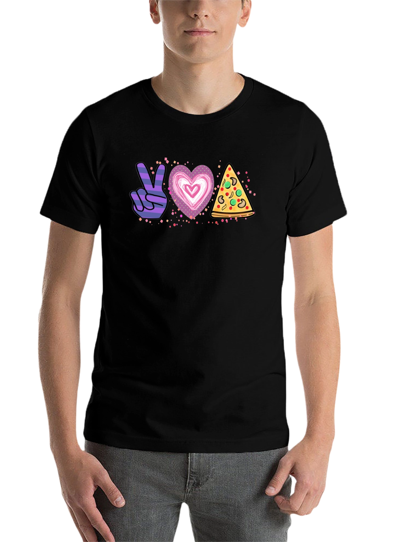 Black Peace Love Pizza Graphic T-Shirt - Unisex view 7