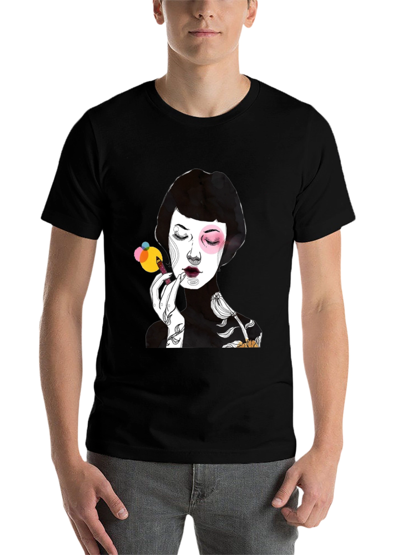 Black Graphic Print Black T-Shirt - Woman Applying Makeup view 7