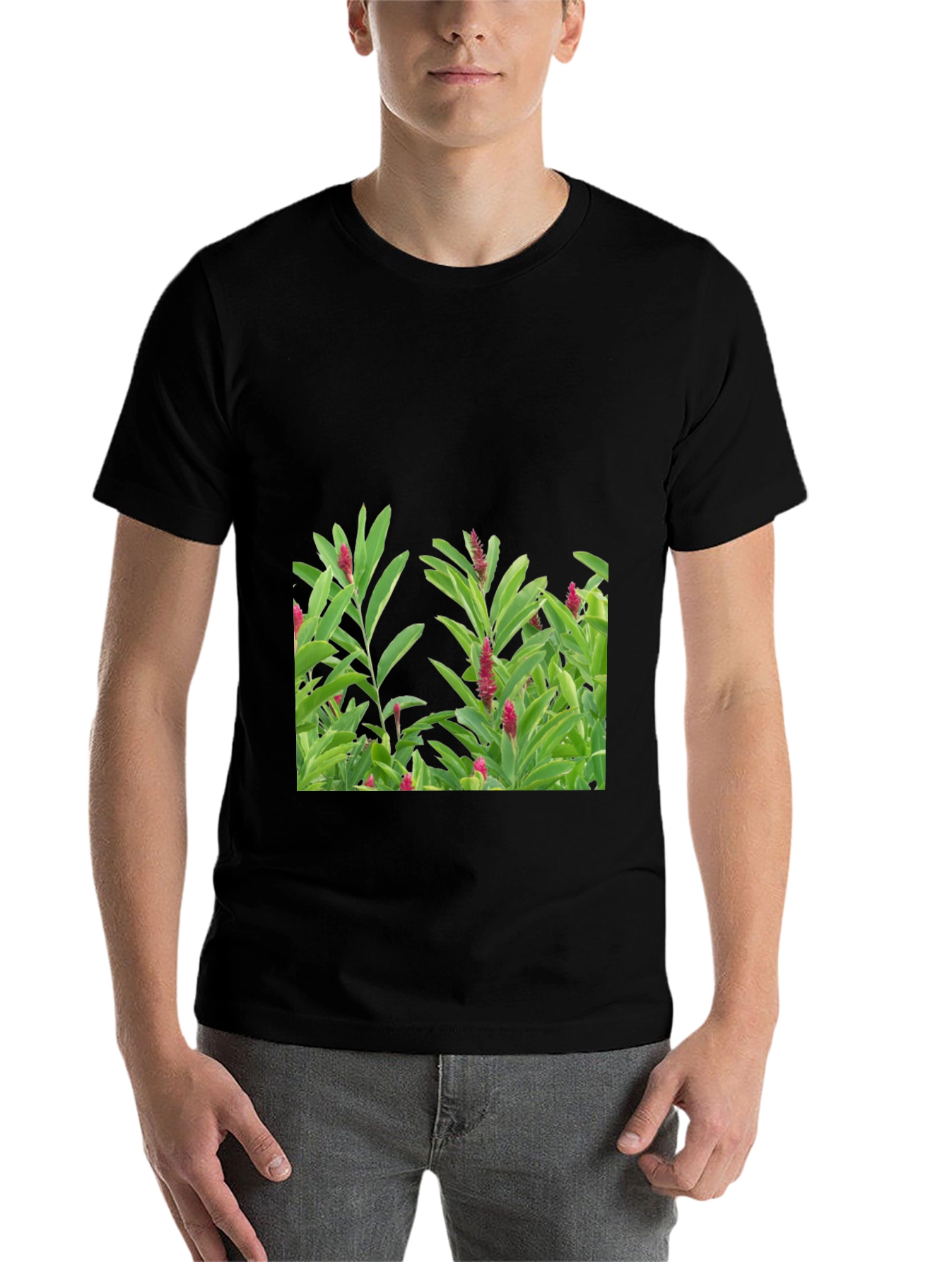 Black Tropical Plant Graphic Tee - Black Cotton Shirt view 7