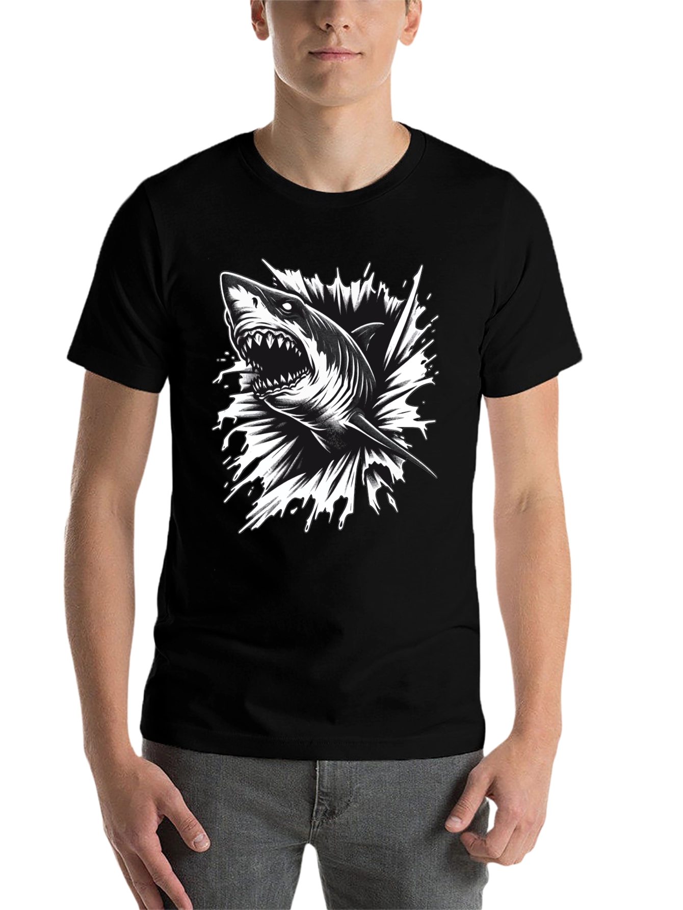 Black Men's Black Shark Graphic Tee - Bold & Edgy! view 7