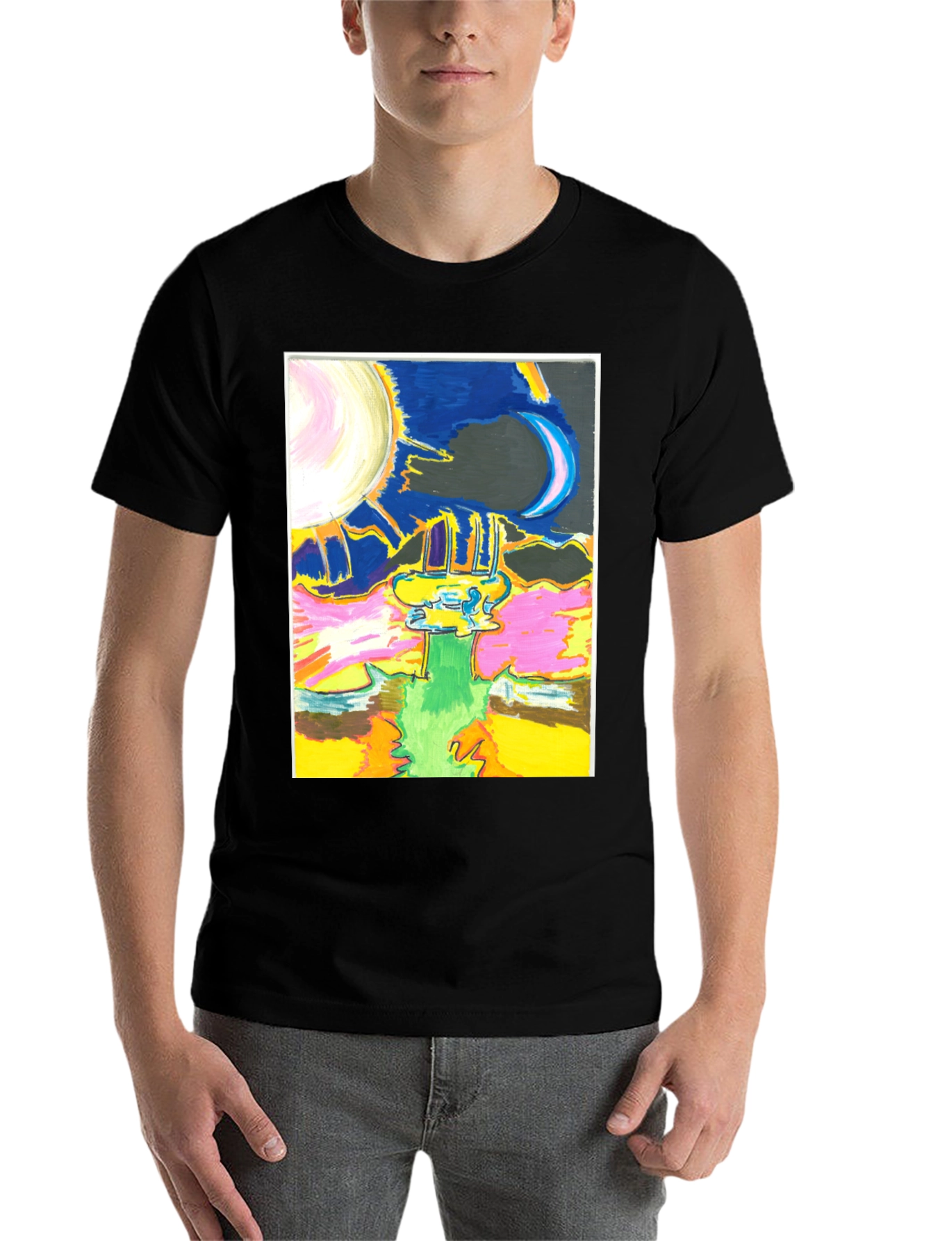 Black Artistic Moon & Sun Graphic Tee - Unique Design view 7