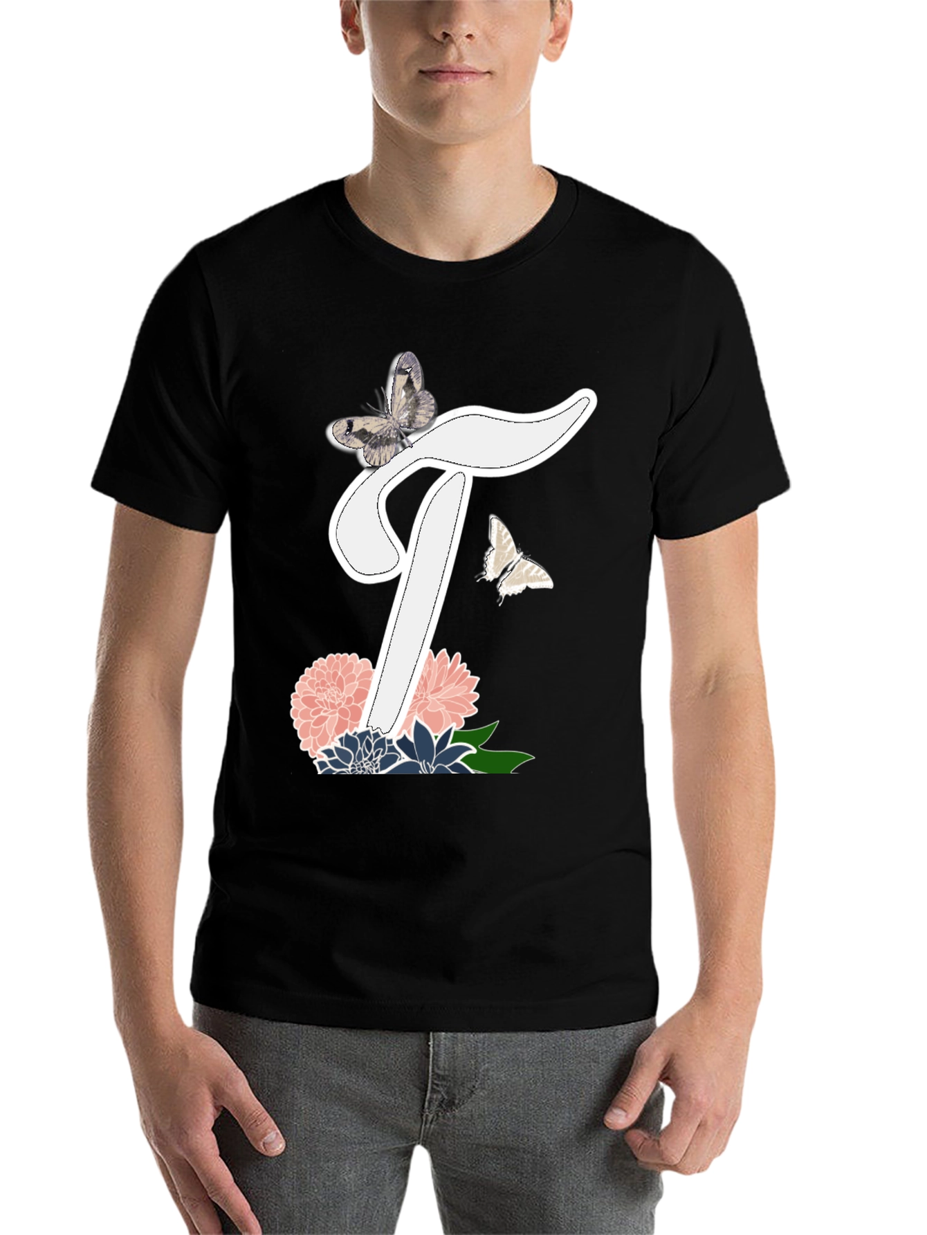 Black Butterfly Letter T Floral T-Shirt view 7