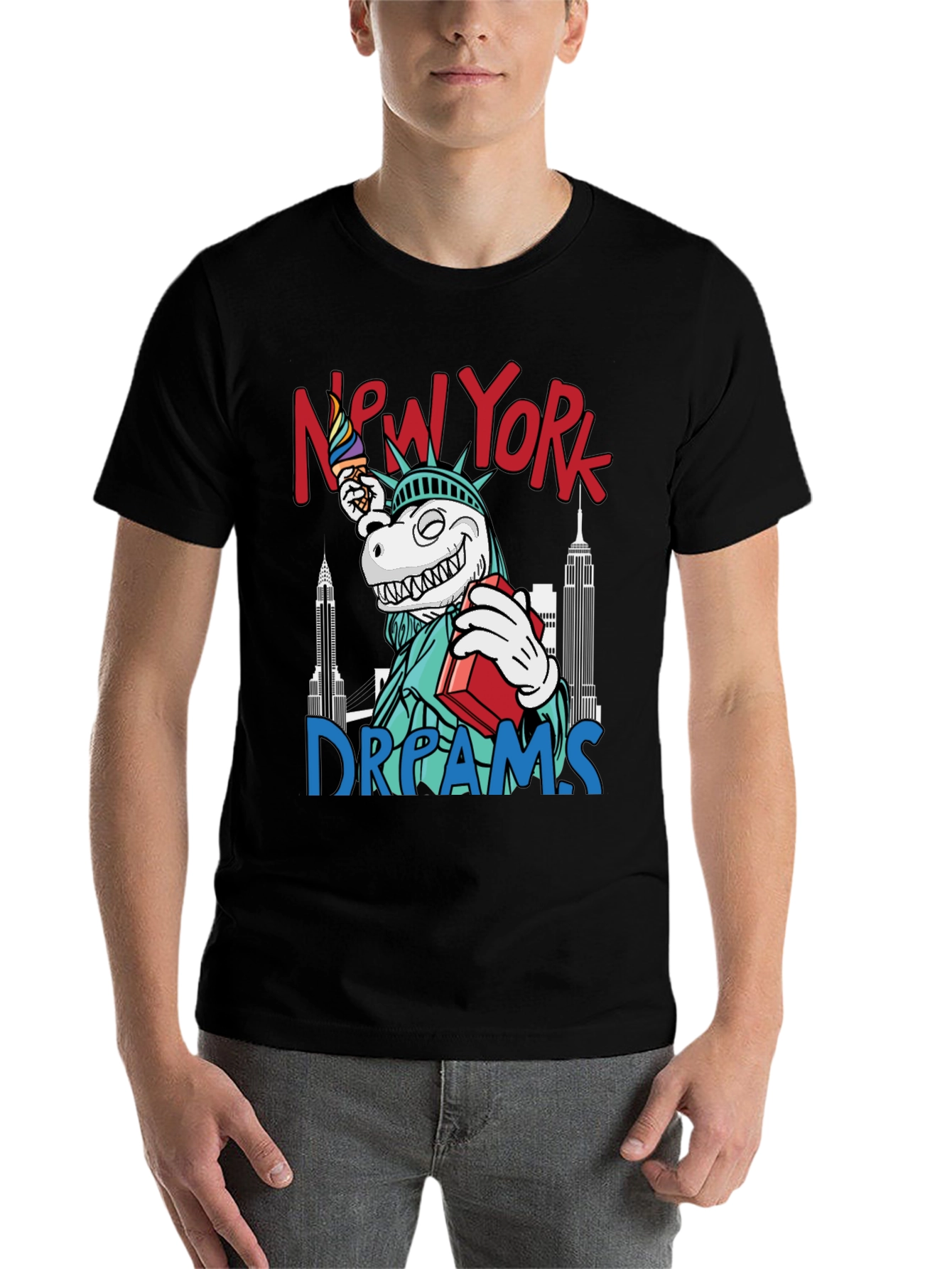 Black New York Dreams T-Shirt: Dinosaur Liberty Funny Tee view 7