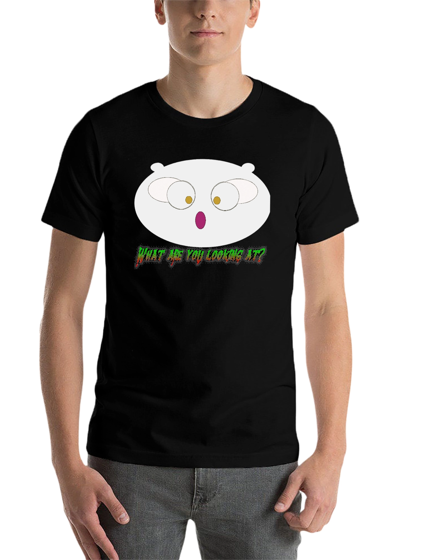 Black Stewie Griffin Inspired "What Are You Looking At" Black T-Shirt view 7