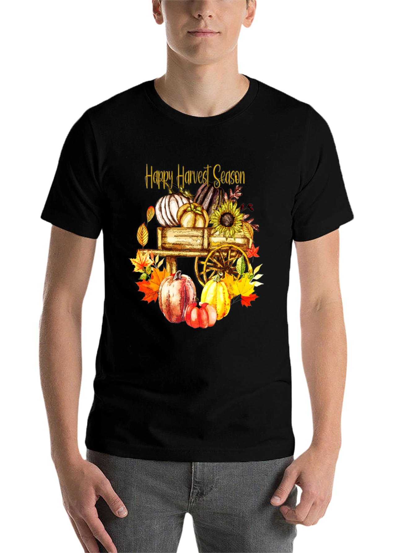 Black Happy Harvest Season Black Graphic T-Shirt view 7