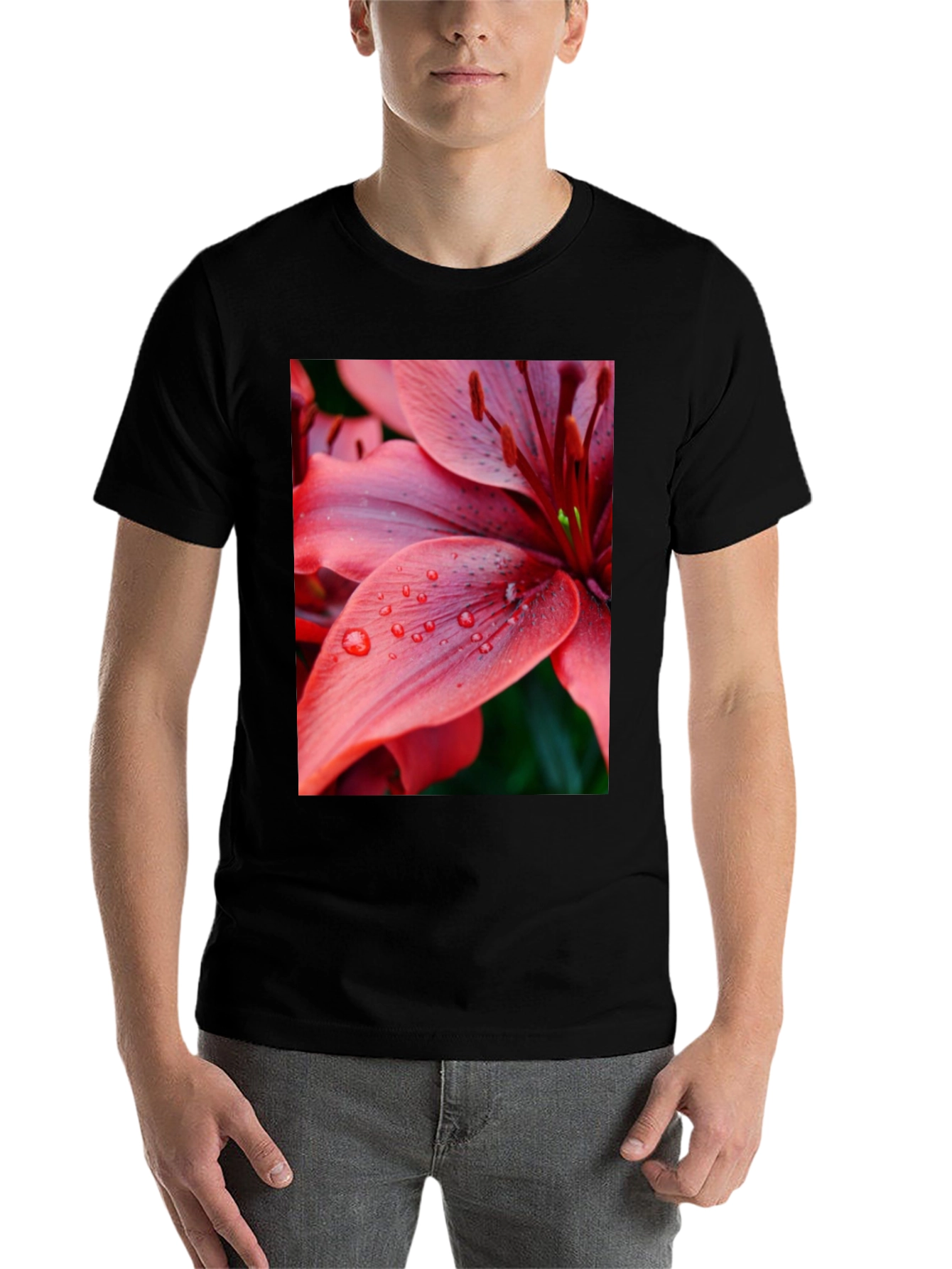 Black Floral Print T-Shirt - Red Lily Design view 7