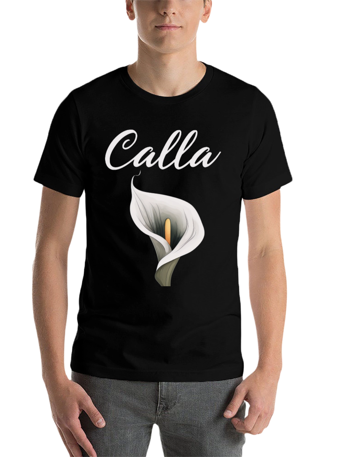 Black Calla Lily Graphic T-Shirt - Elegant Floral Design view 7