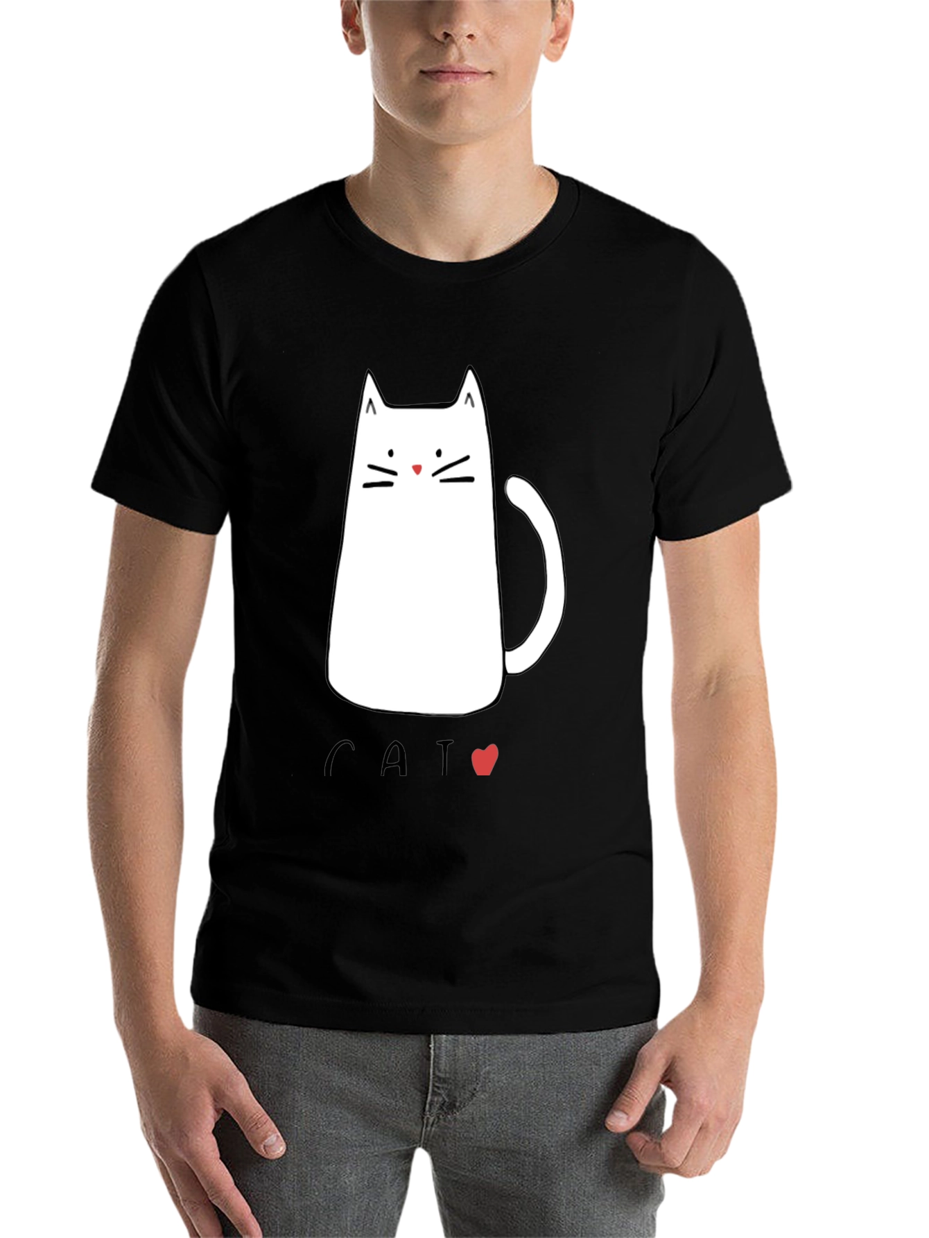 Black Men's Black T-Shirt with Cat Graphic view 7