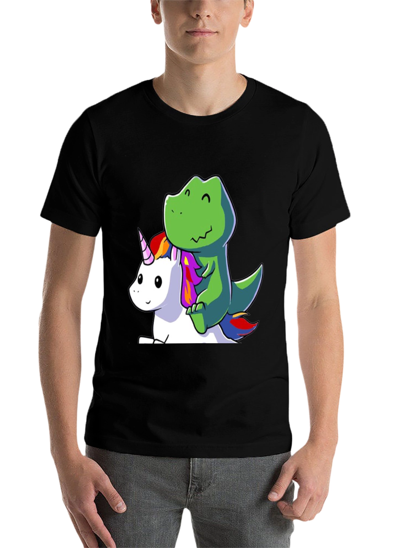Black Dino Riding Unicorn T-Shirt - Cute Cartoon Design view 7