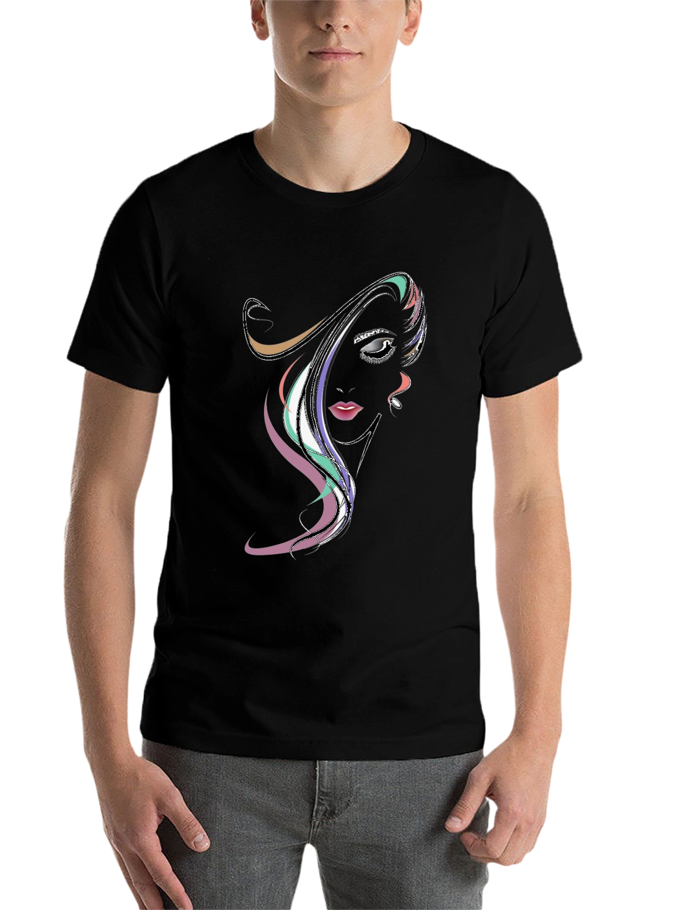 Black Abstract Woman Face Graphic Black Tee view 7