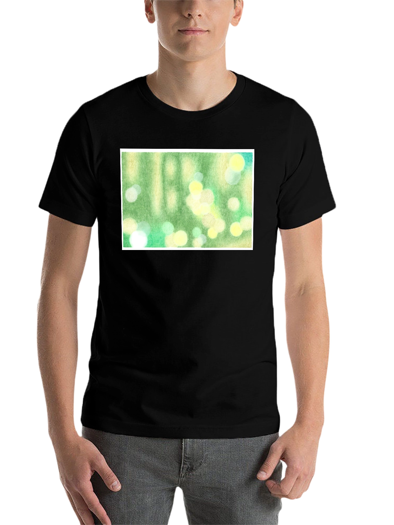 Black Green Bokeh Art Black T-Shirt view 7