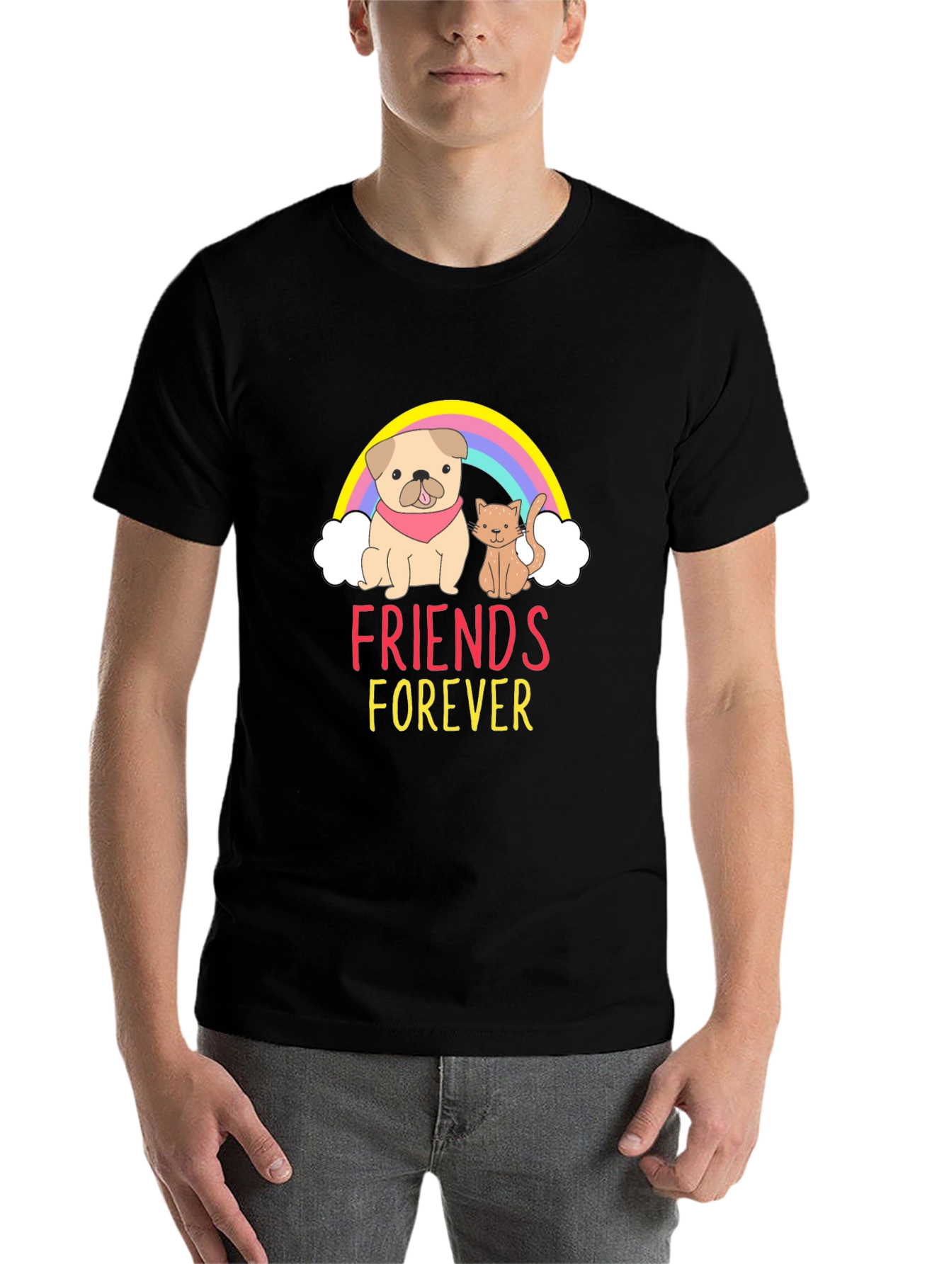 Black Friends Forever Graphic Tee - Cute Dog and Cat T-Shirt view 7