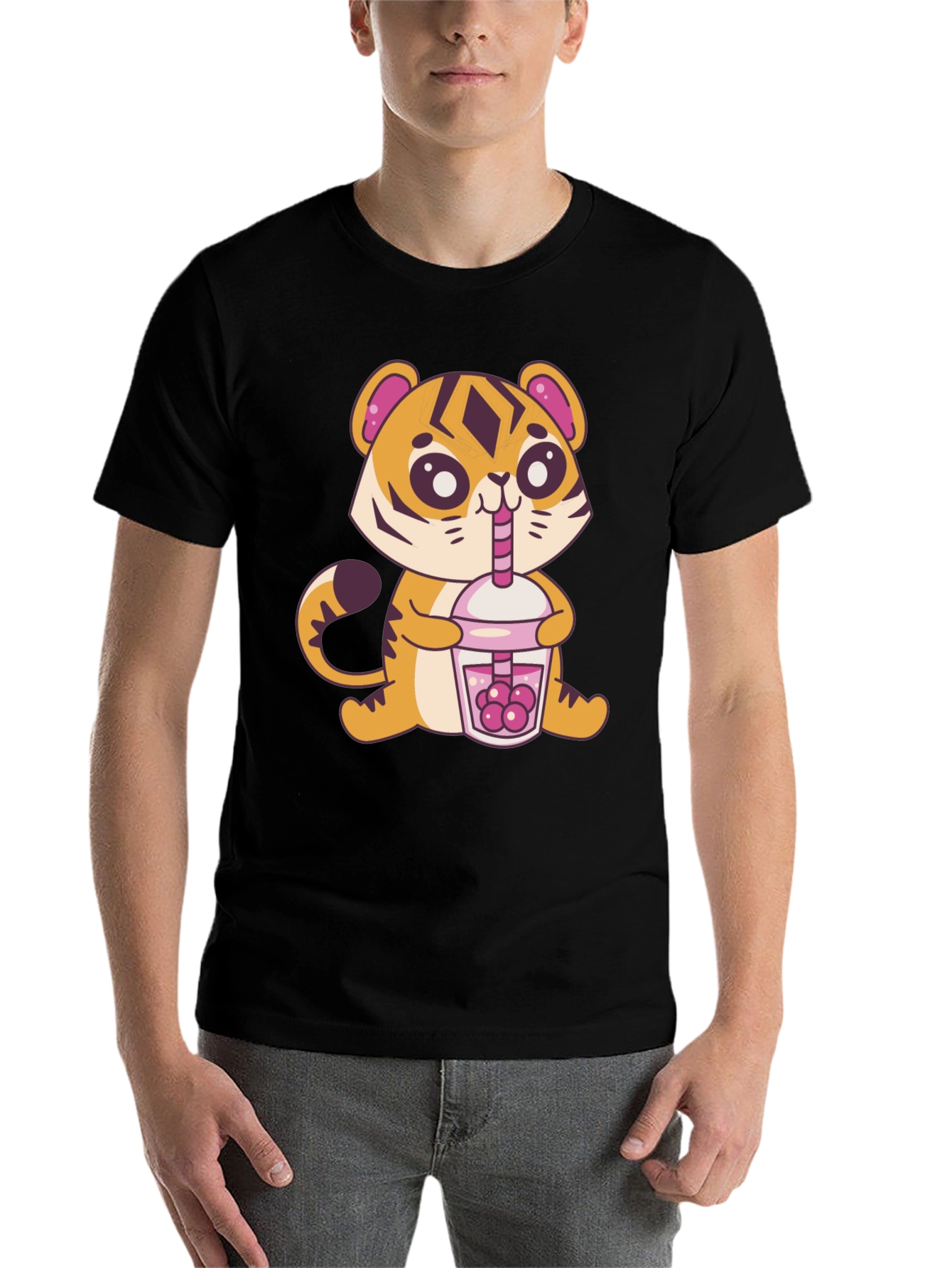 Black Cute Tiger Boba Tea Graphic Tee - Black view 7