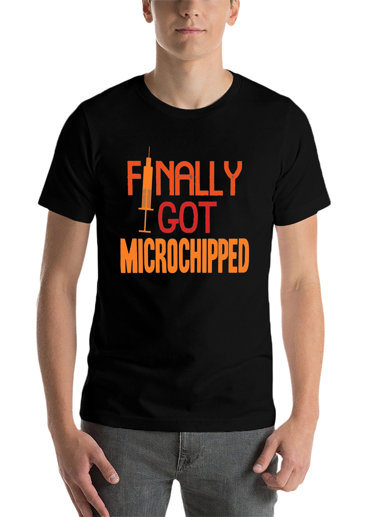 Black Finally Microchipped T-Shirt: Funny Vaccine Tee view 7