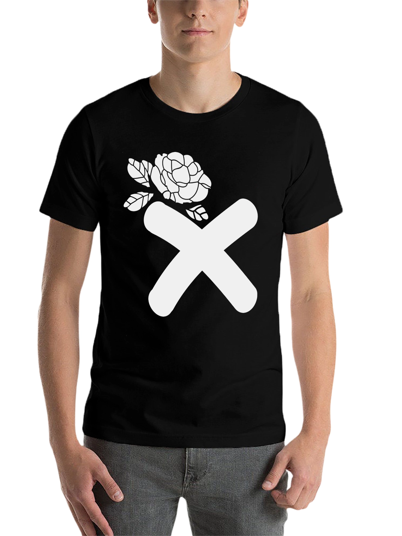 Abstract Rose & X Graphic Black T-Shirt - 7