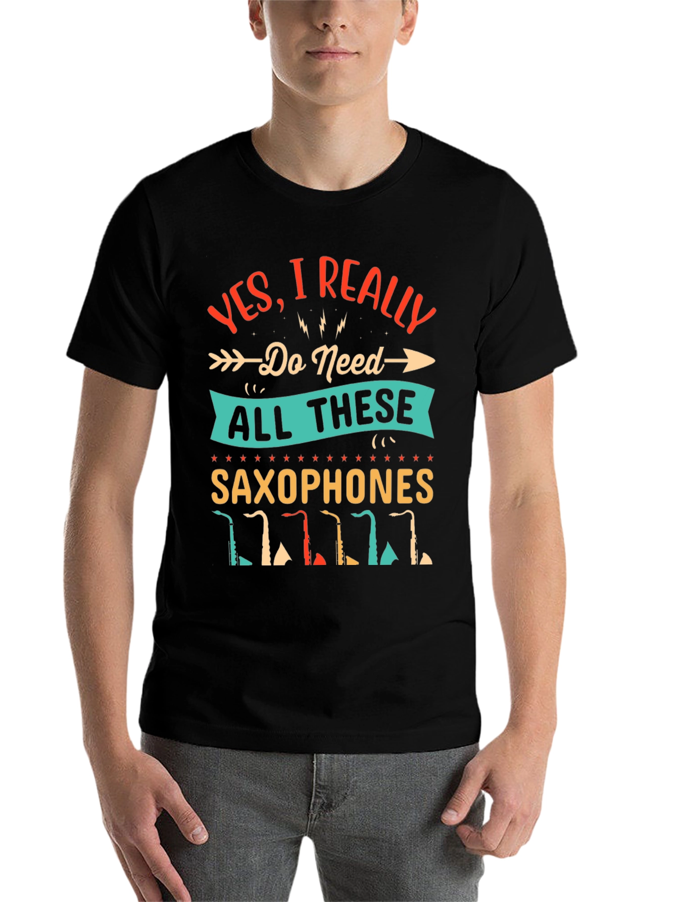 Black Saxophone Lover T-Shirt - I Need All These Saxophones! view 7