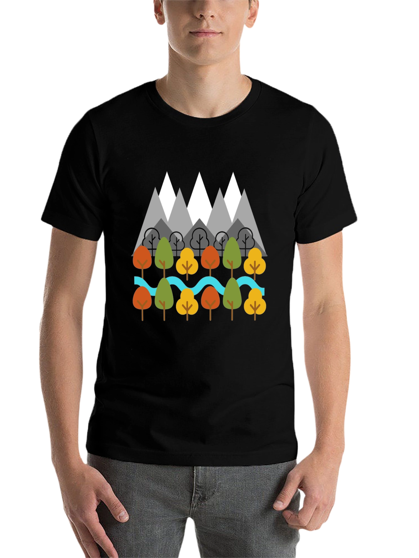 Black Nature Graphic T-Shirt - Mountains, Trees, River Design view 7