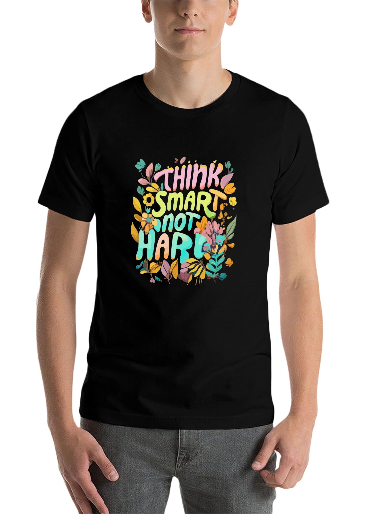 Black Think Smart T-Shirt - Unique Floral Design view 7