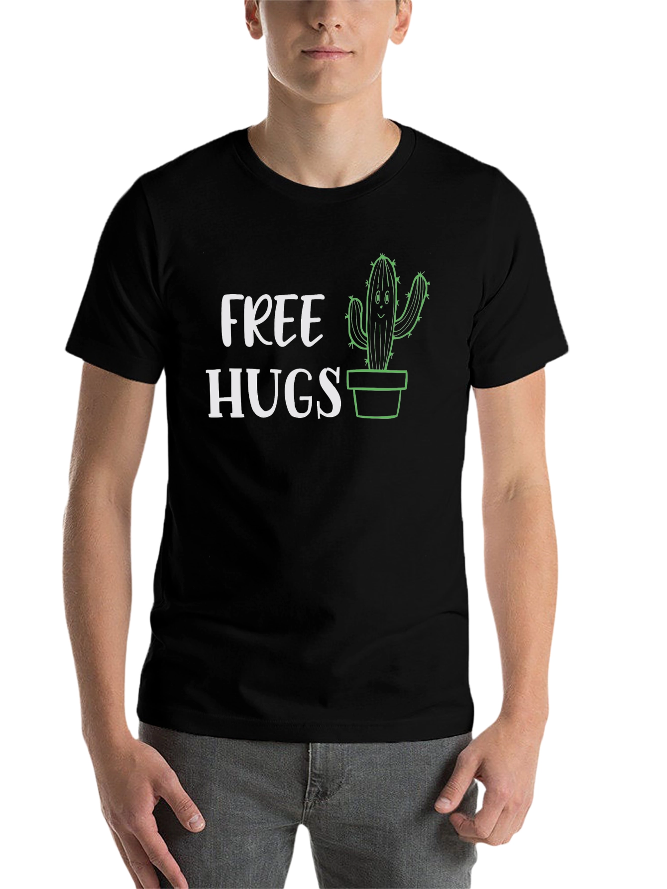 Black Free Hugs Cactus Graphic Tee - Black Cotton T-Shirt view 7