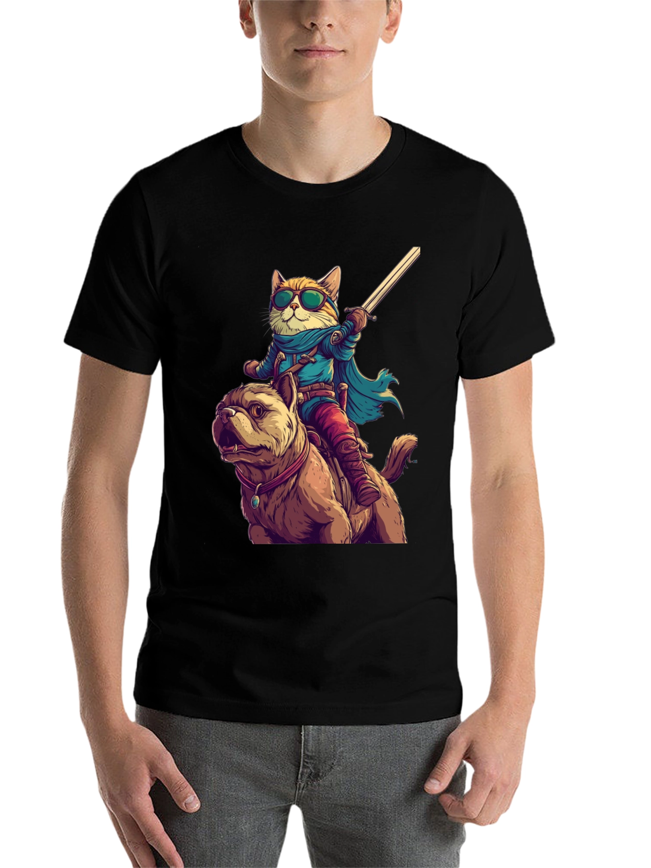 Black Cat Riding Dog T-Shirt - Novelty Cartoon Tee view 7
