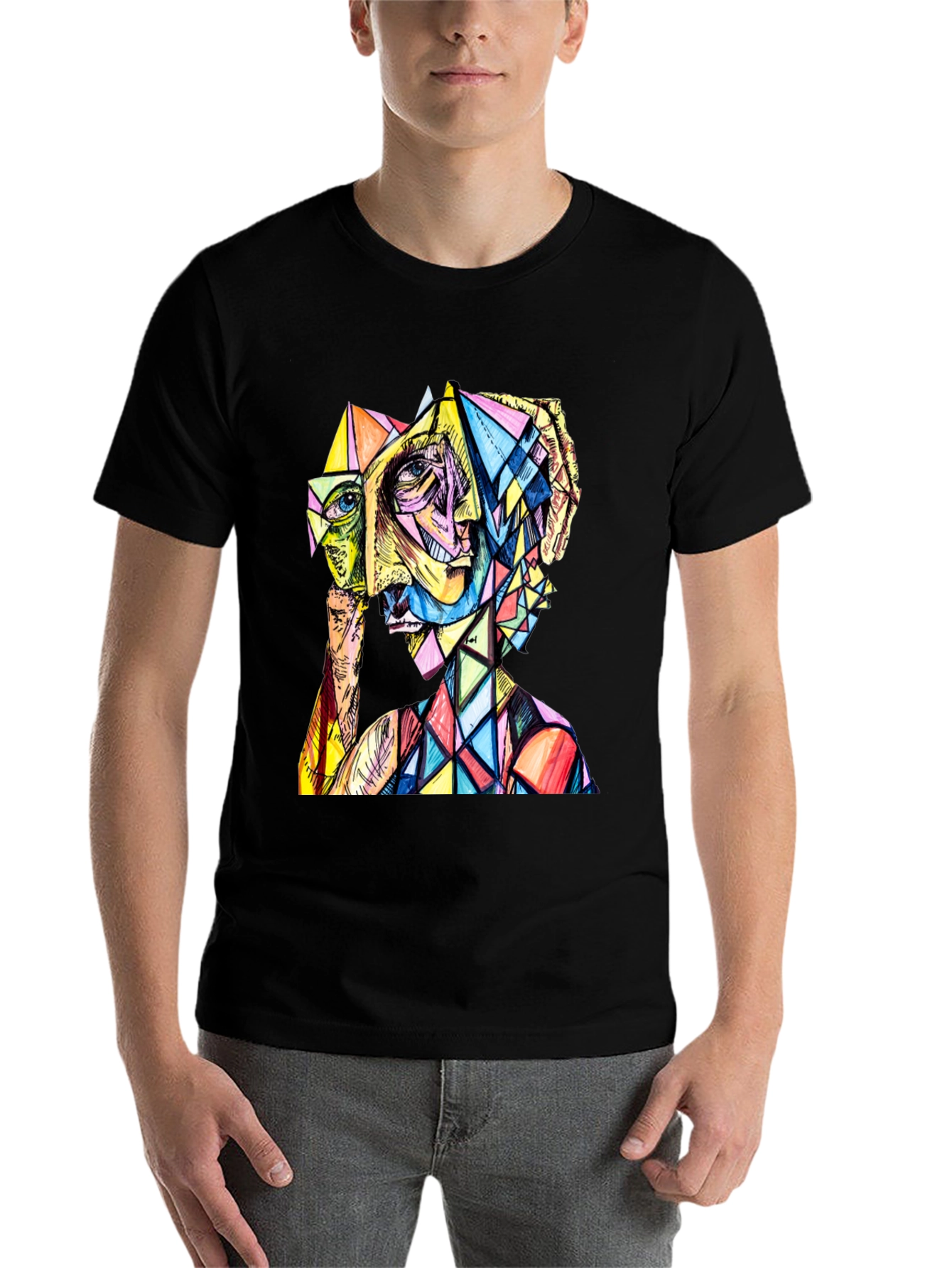 Black Abstract Geometric Face Graphic Tee view 7