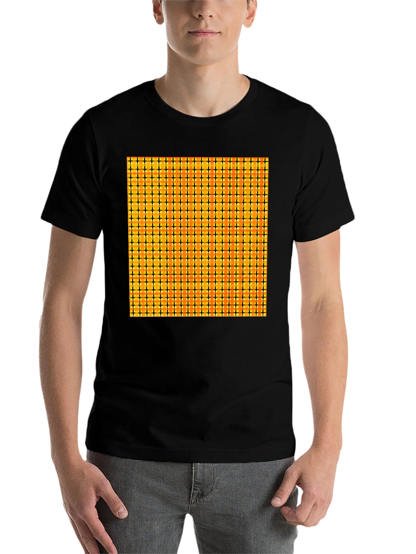 Black Men's Black Tee with Colorful Grid Pattern view 7