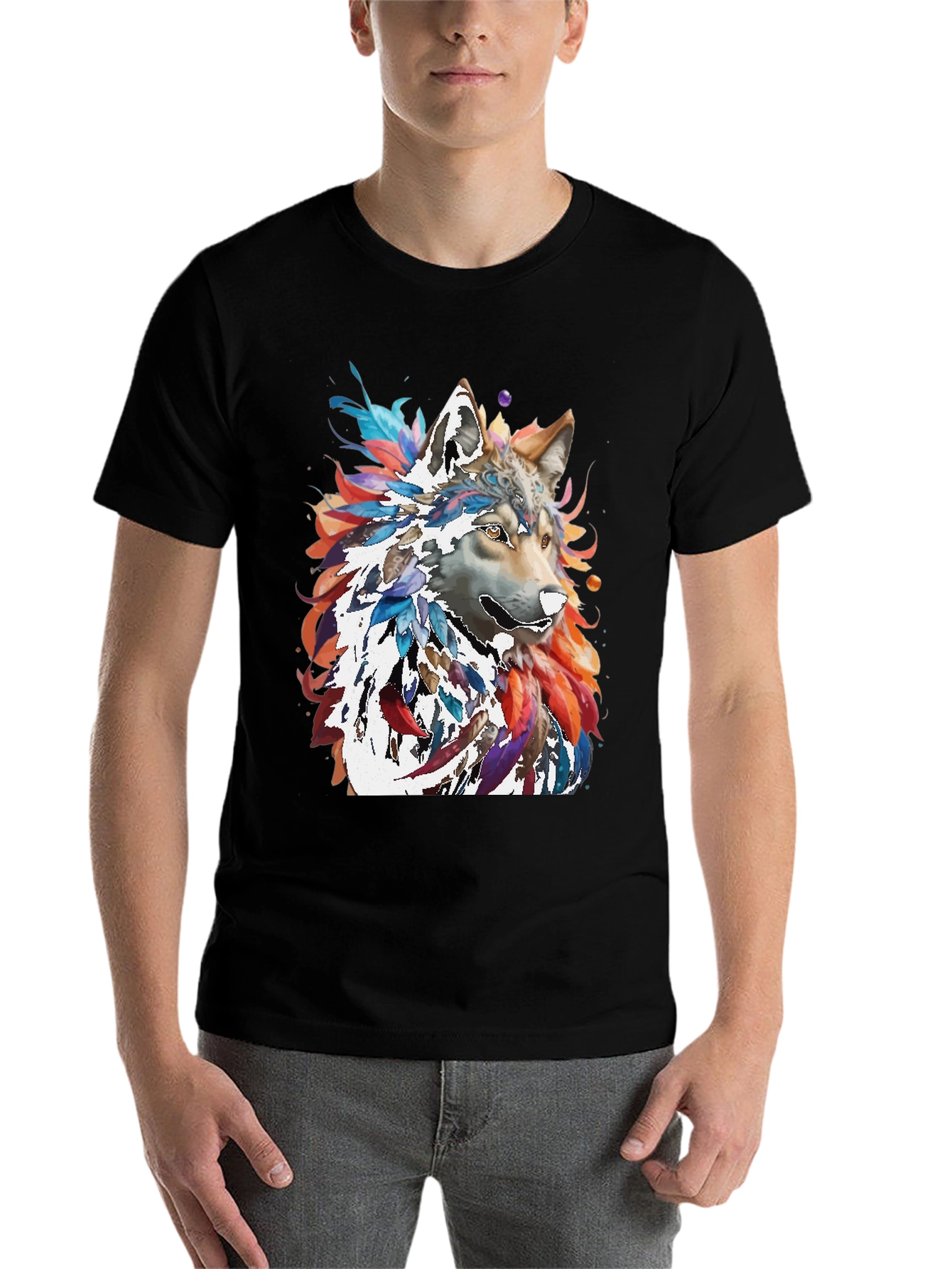 Black Wolf Art Graphic Tee - Men's Black T-Shirt view 7