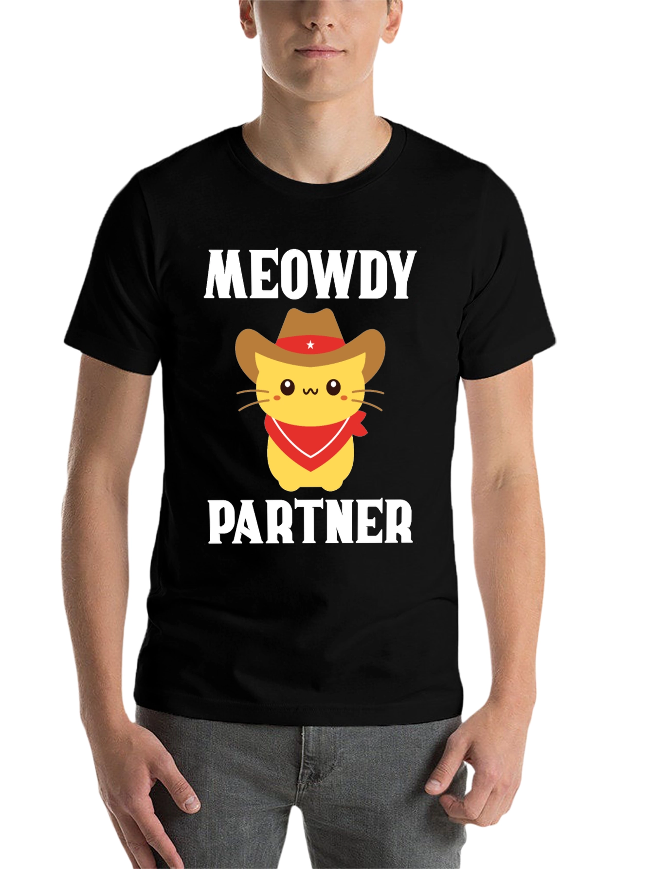 Black Meowdy Partner Cat Cowboy T-Shirt view 7