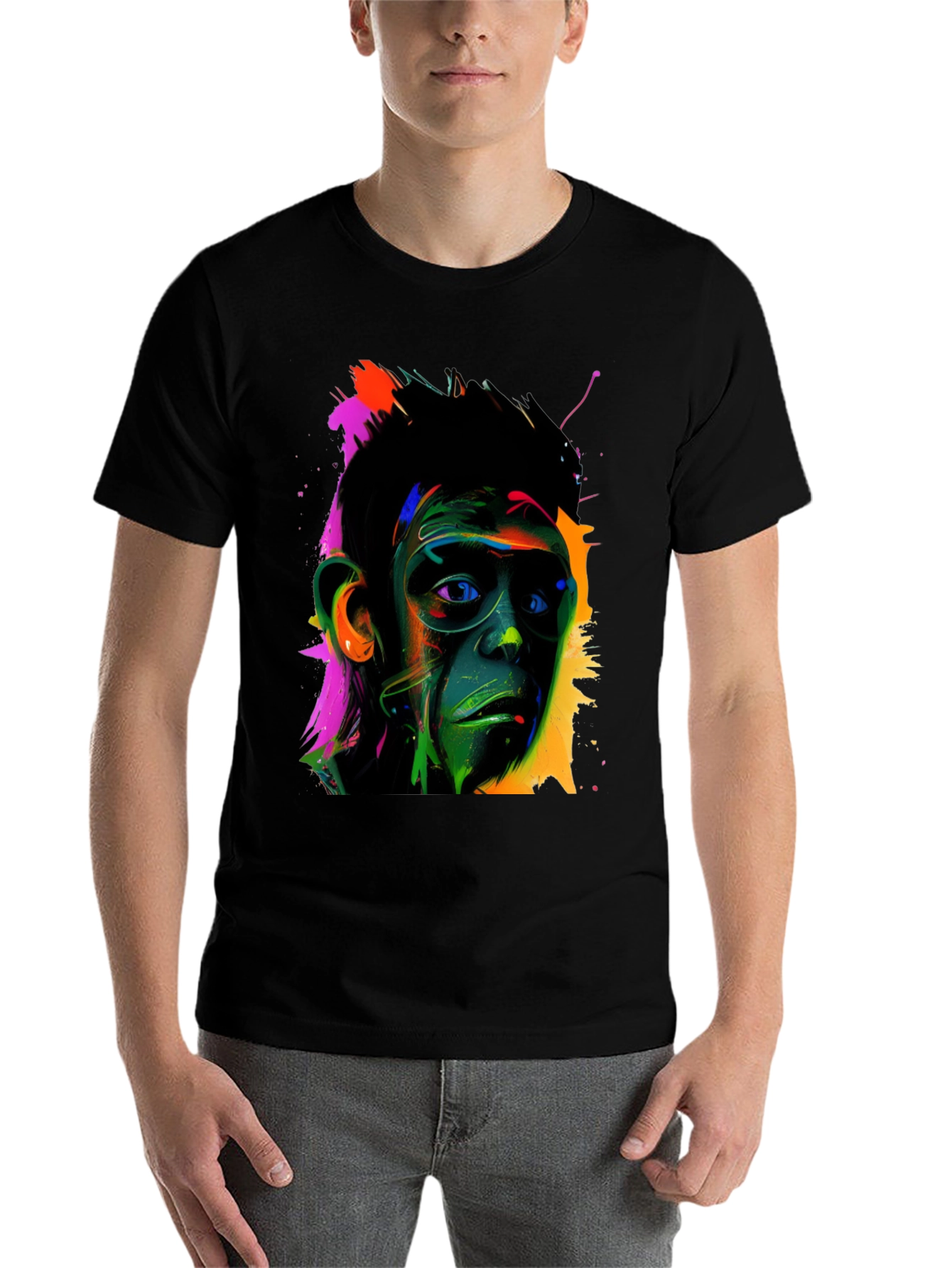 Black Colorful Monkey Face Graphic T-Shirt view 7
