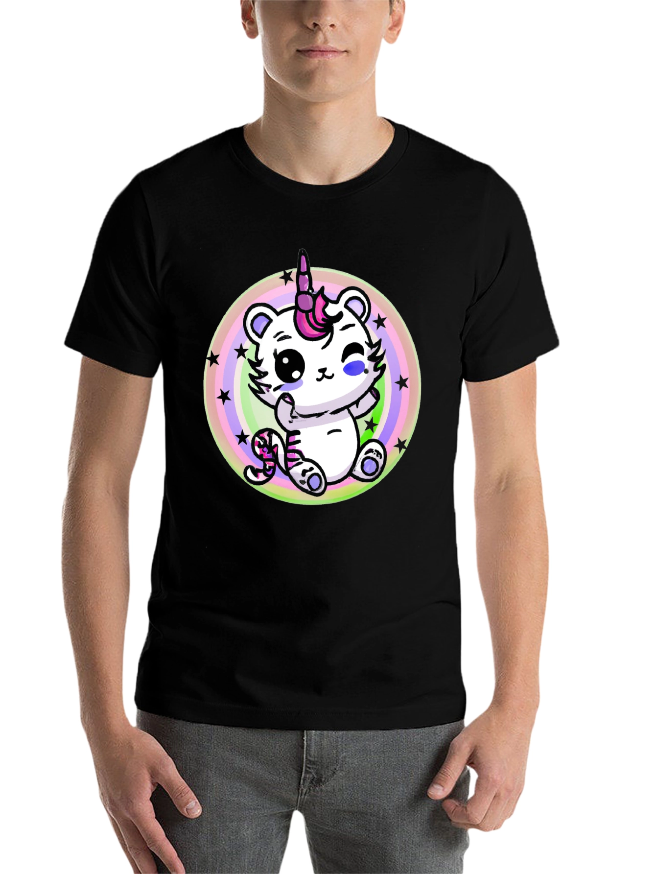 Black Cute Unicorn Cat T-Shirt - Black Cotton Tee view 7
