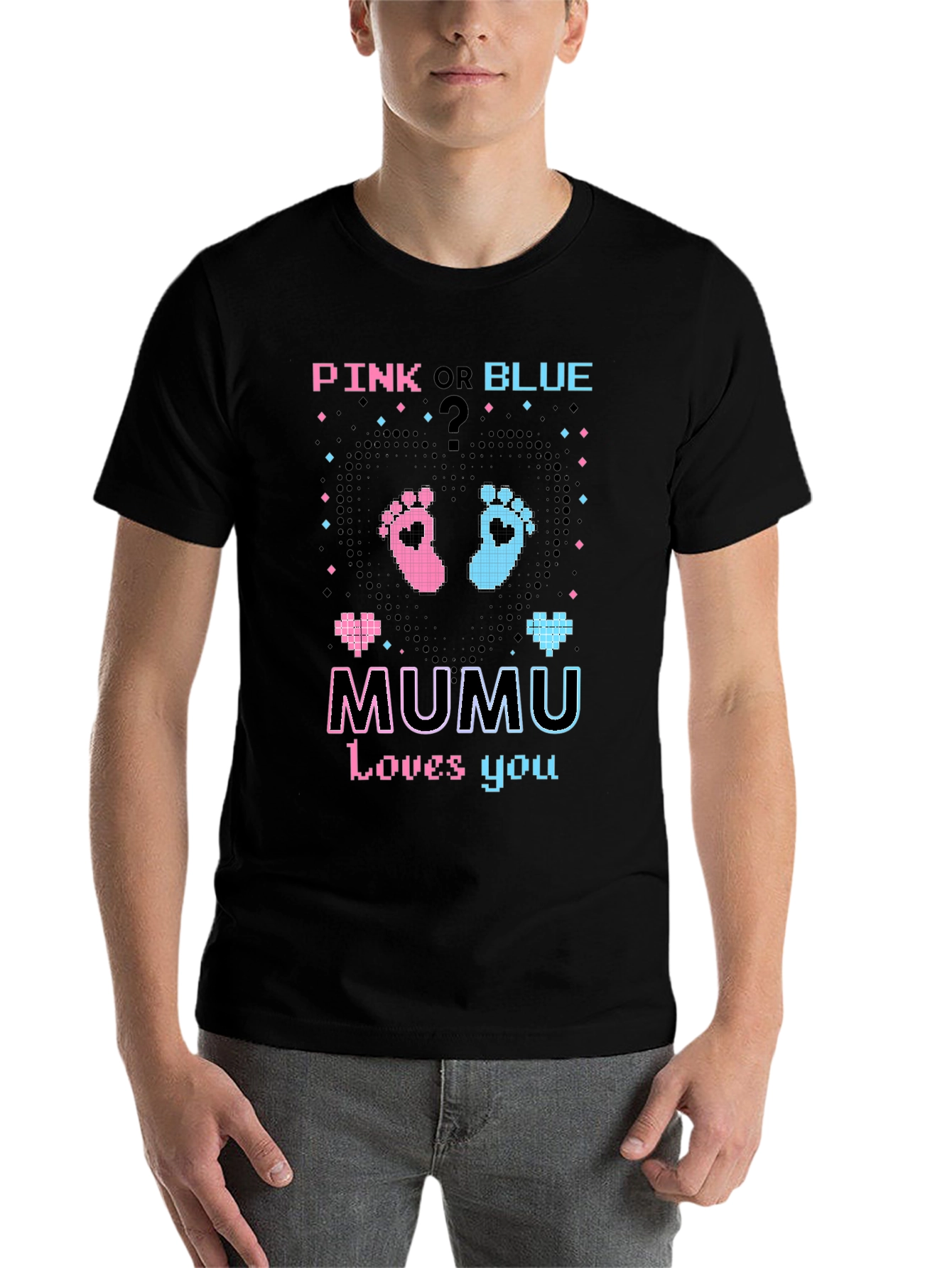 Black Pink or Blue Gender Reveal 'MUMU Loves You' T-Shirt view 7